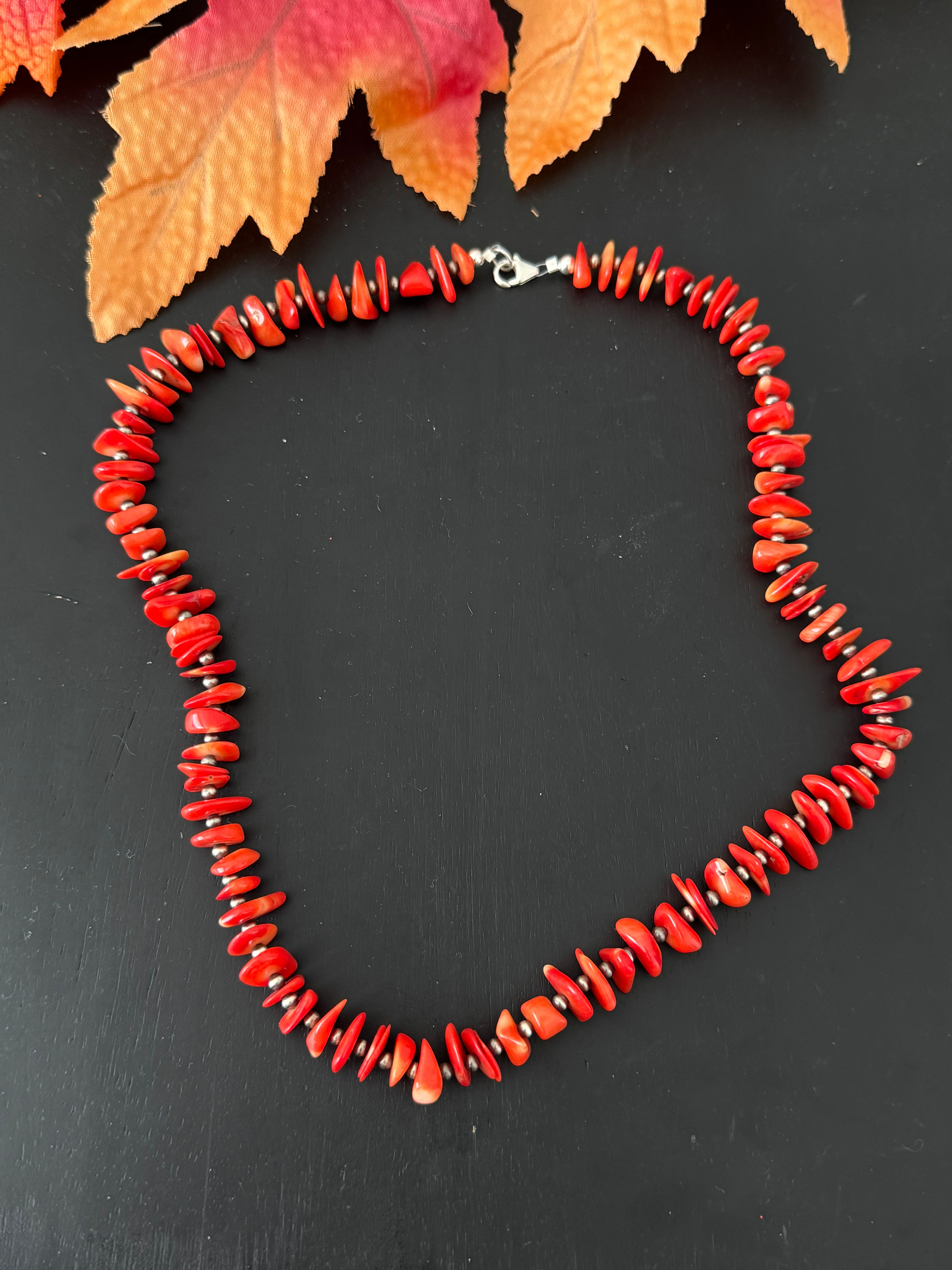 Navajo Strung Bamboo Coral & Sterling Silver Beaded Necklace