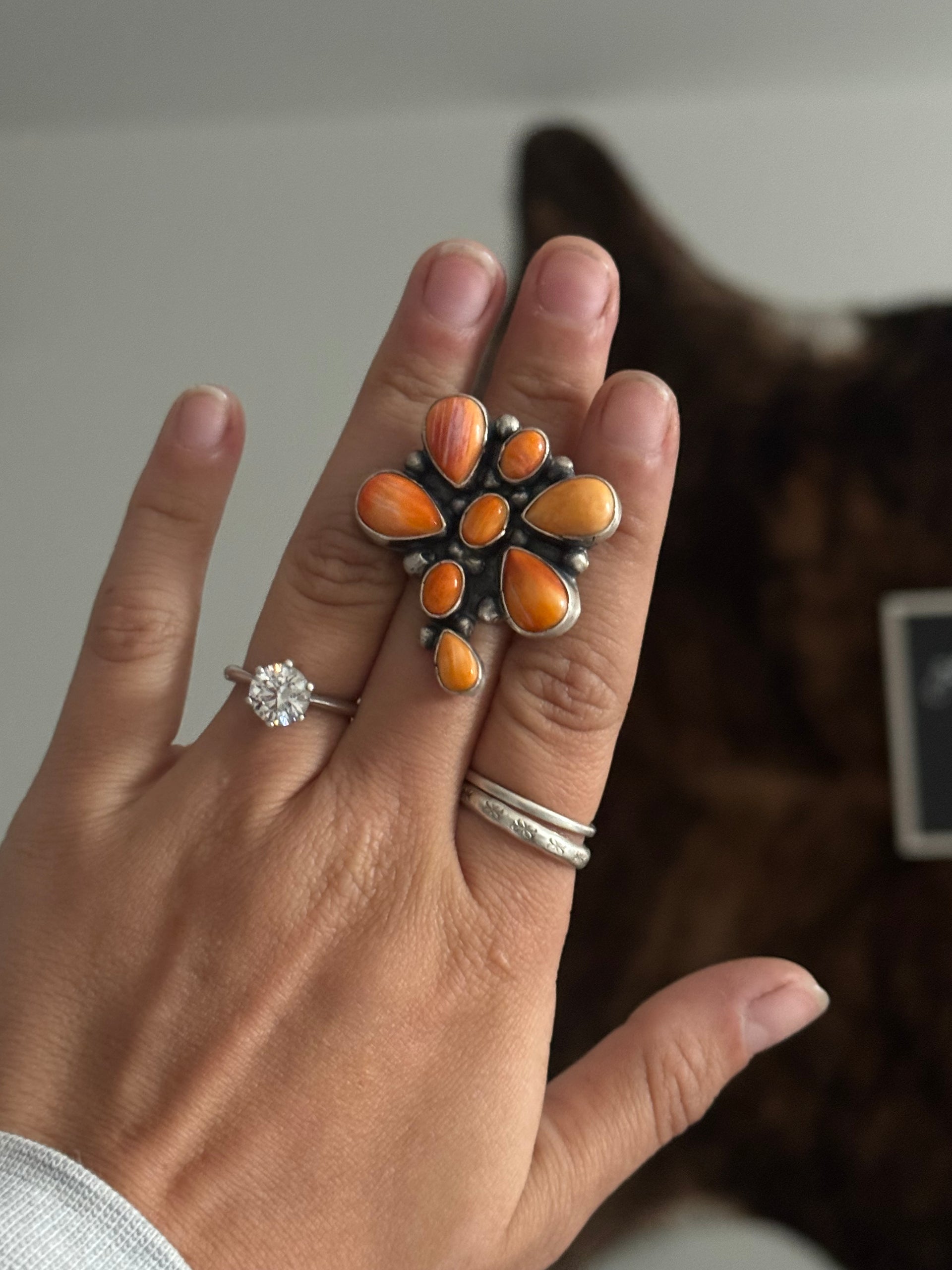 Travis Jim Spiny Oyster & Sterling Silver Adjustable Dragonfly Cluster Ring