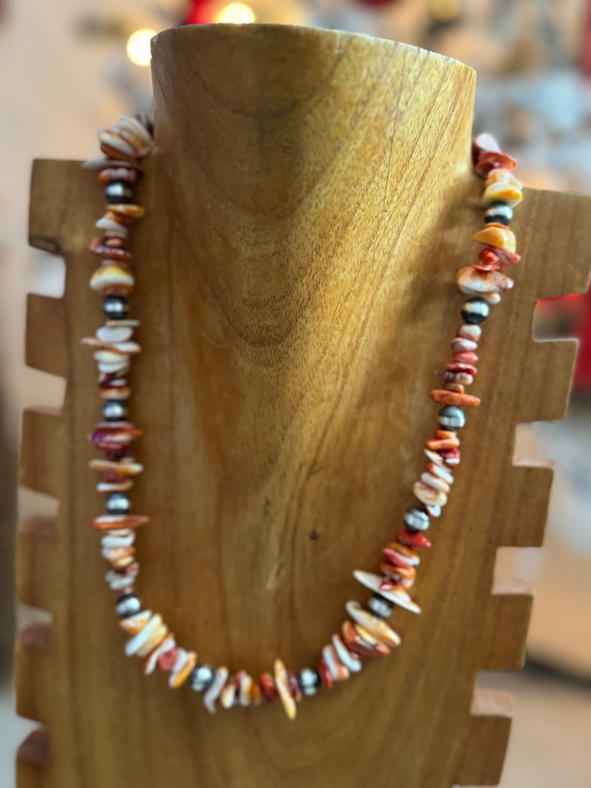 Navajo Strung Red/Orange Spiny Oyster & Sterling Silver Pearl Necklace