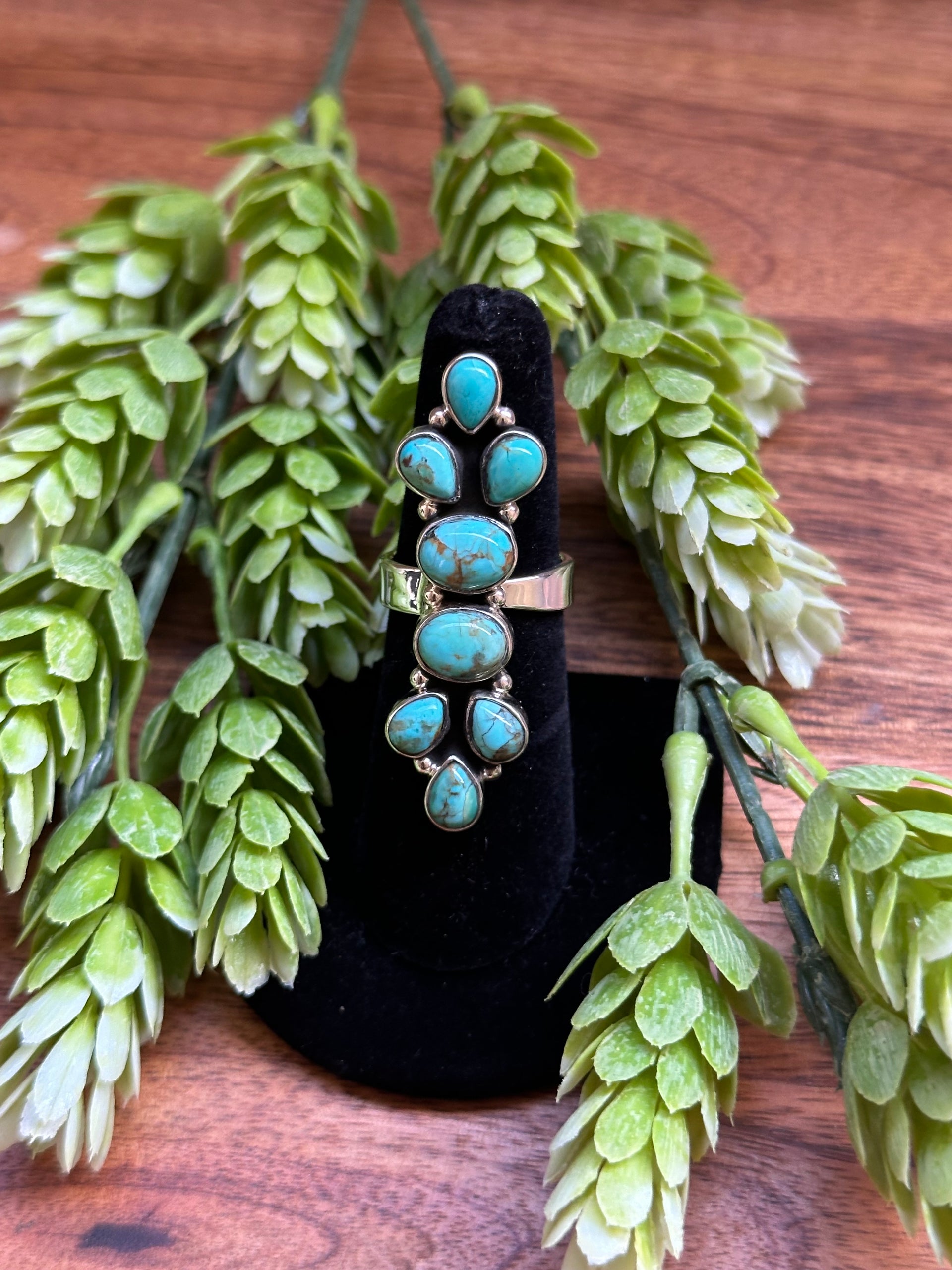 Southwest Handmade Kingman Turquoise & Sterling Silver Adjustable Cluster Ring