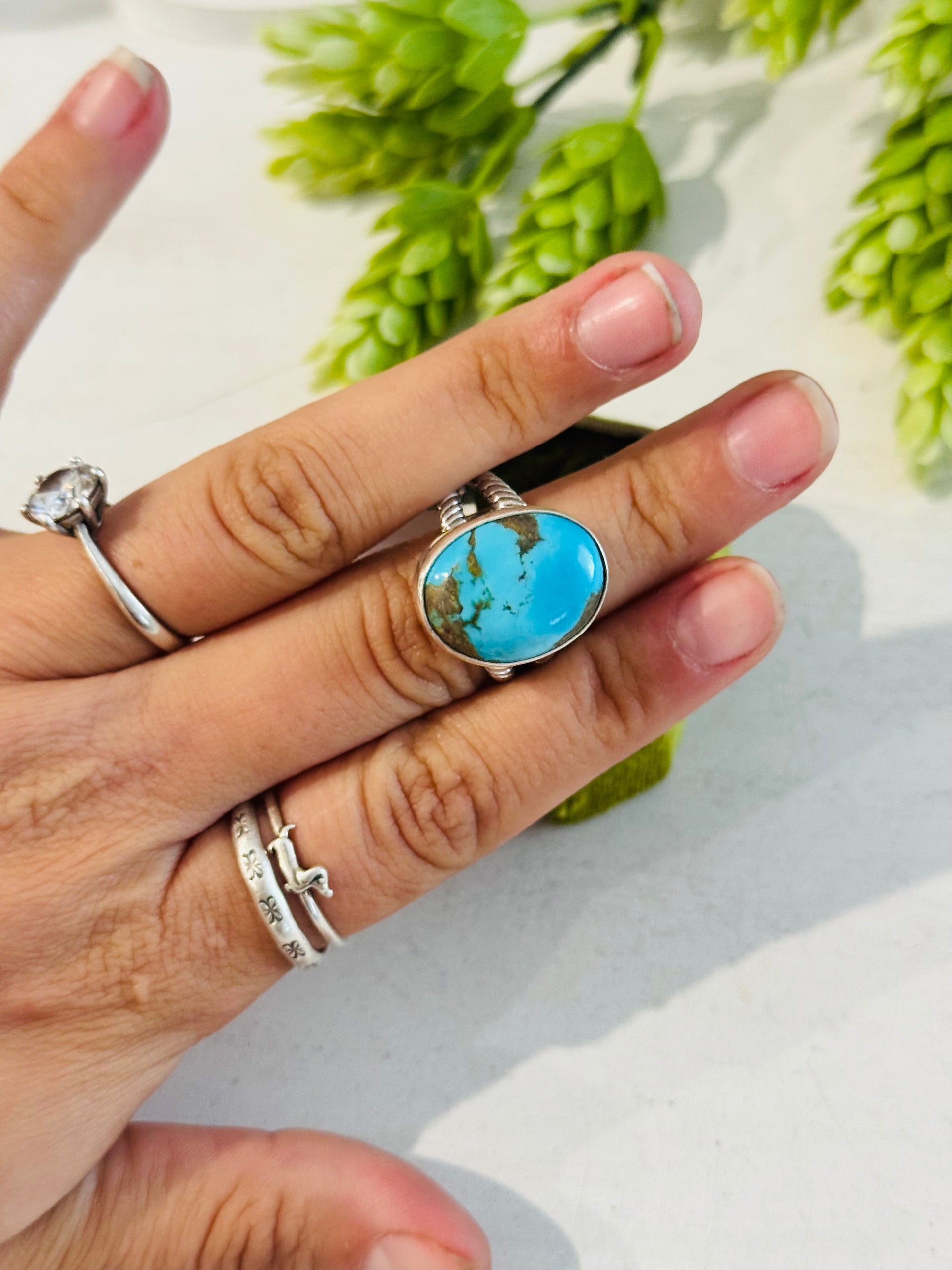 Southwest Made Kingman Turquoise & Sterling Sliver Ring Size 10.75