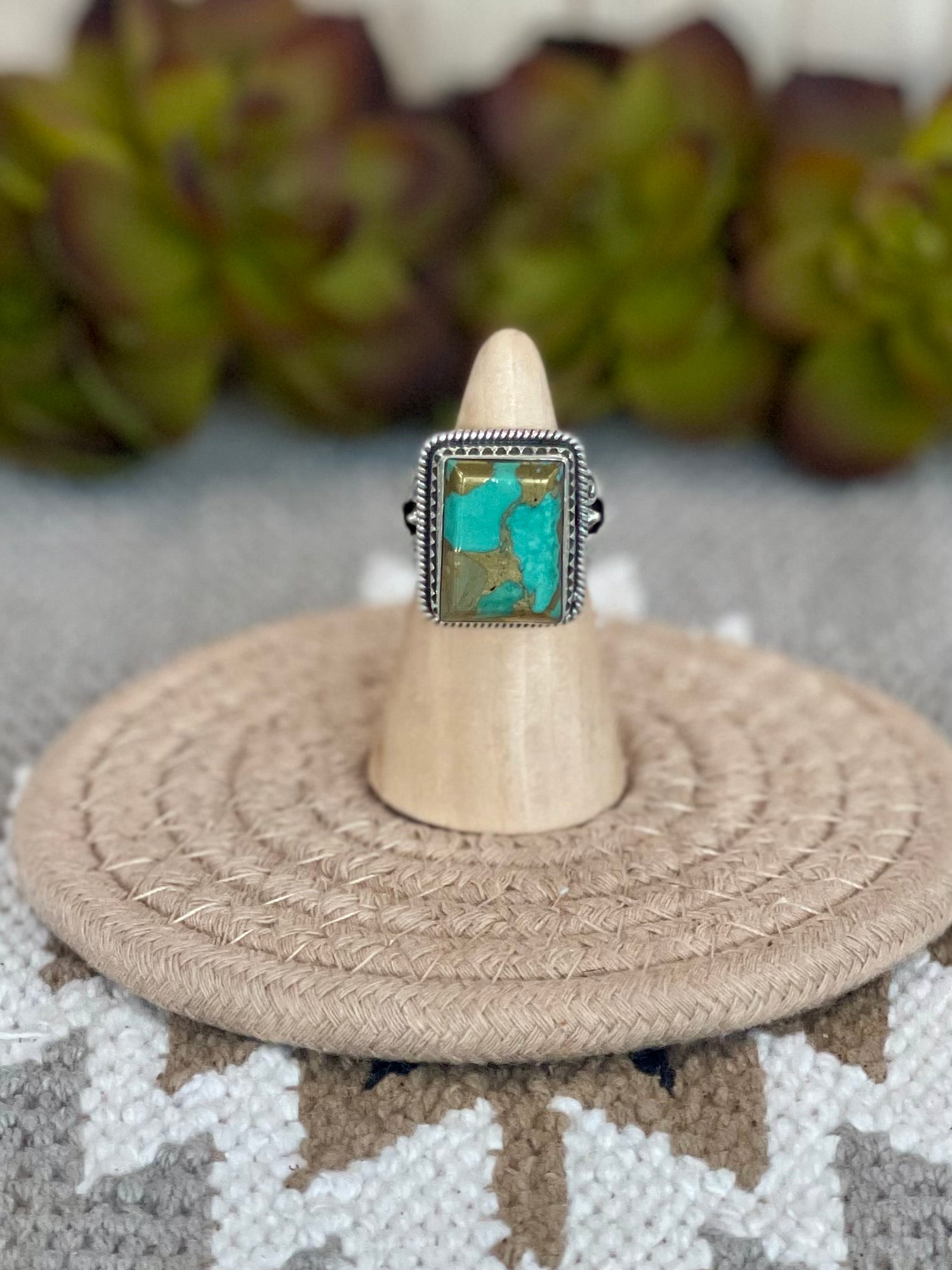 Southwest Handmade Kingman Turquoise & Sterling Silver Size 6.5 Square Ring