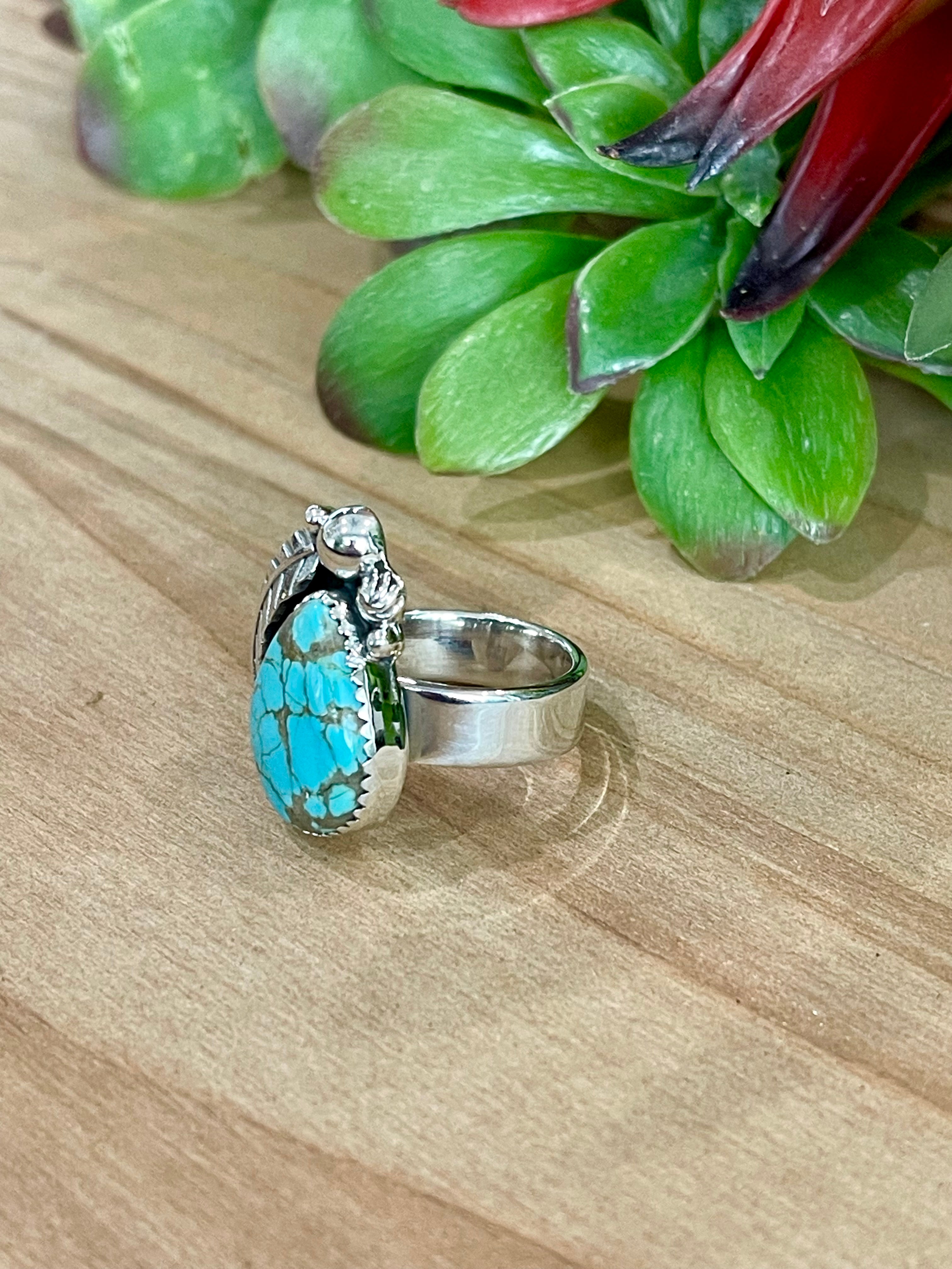 Southwest Number 8 Turquoise & Sterling Silver Adjustable Feather Ring