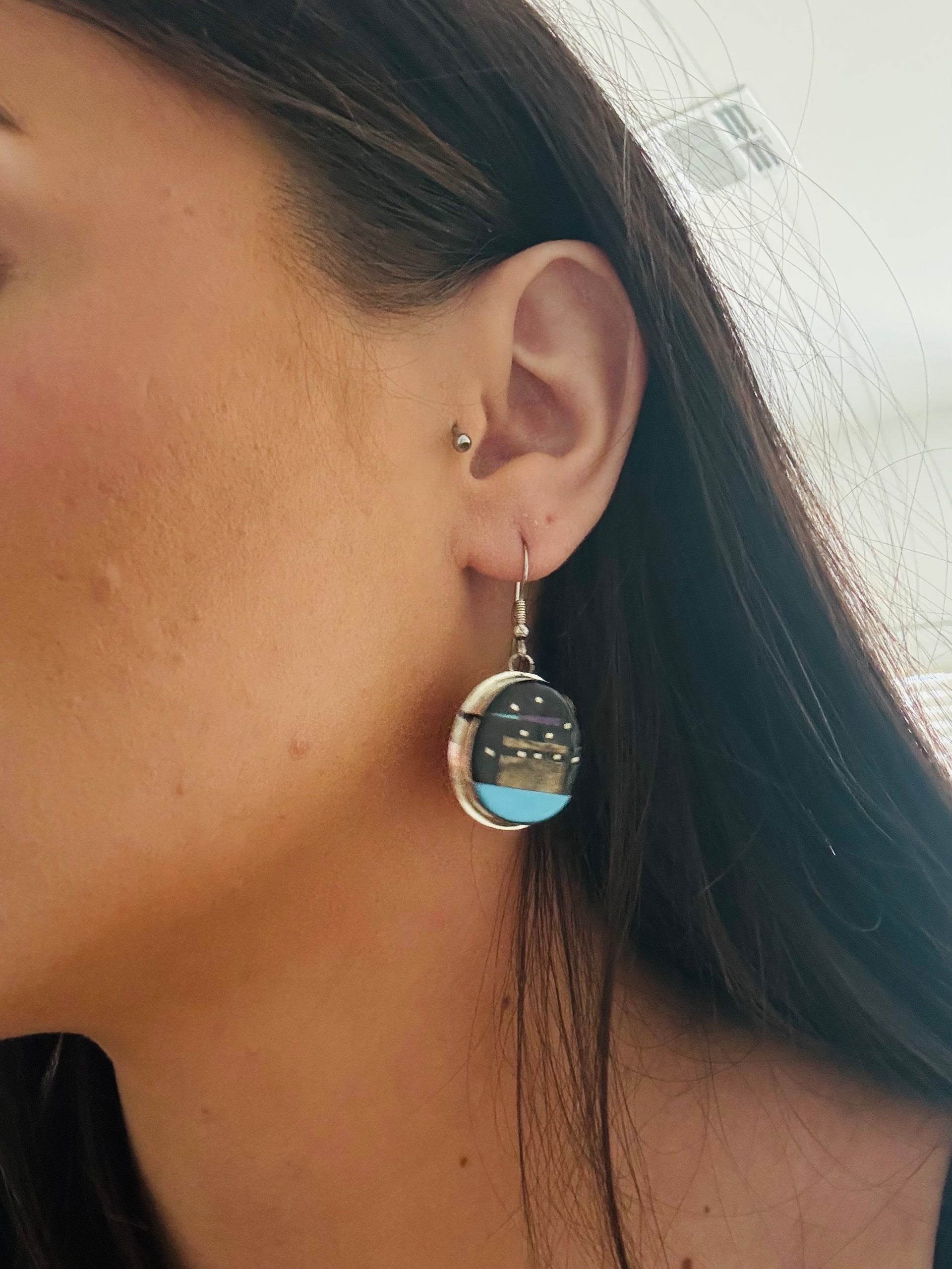 Gilbert Smith Multi Stone & Sterling Silver Inlay Dangle Earrings