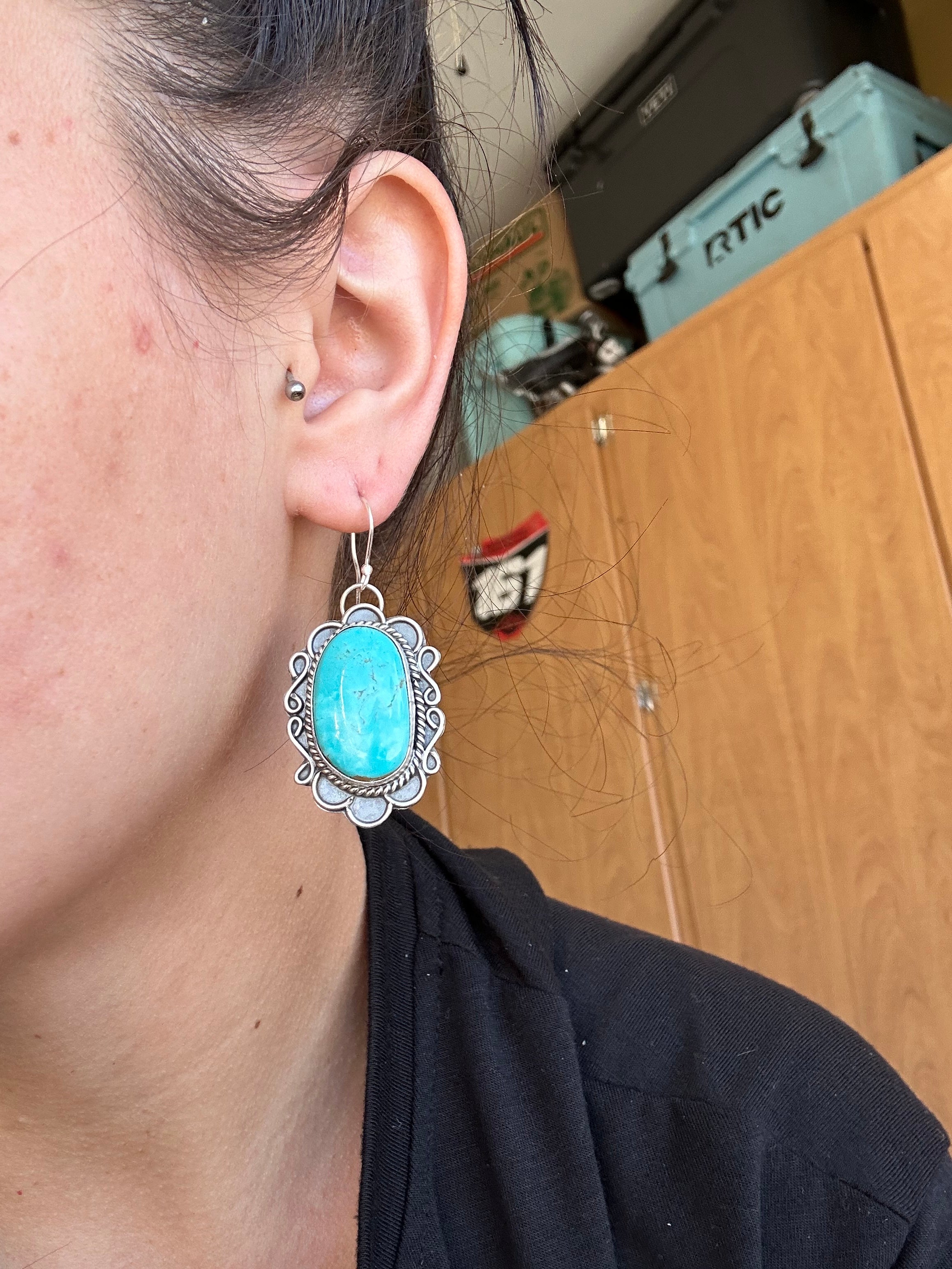 Navajo Made Kingman Turquoise & Sterling Silver Dangle Earrings