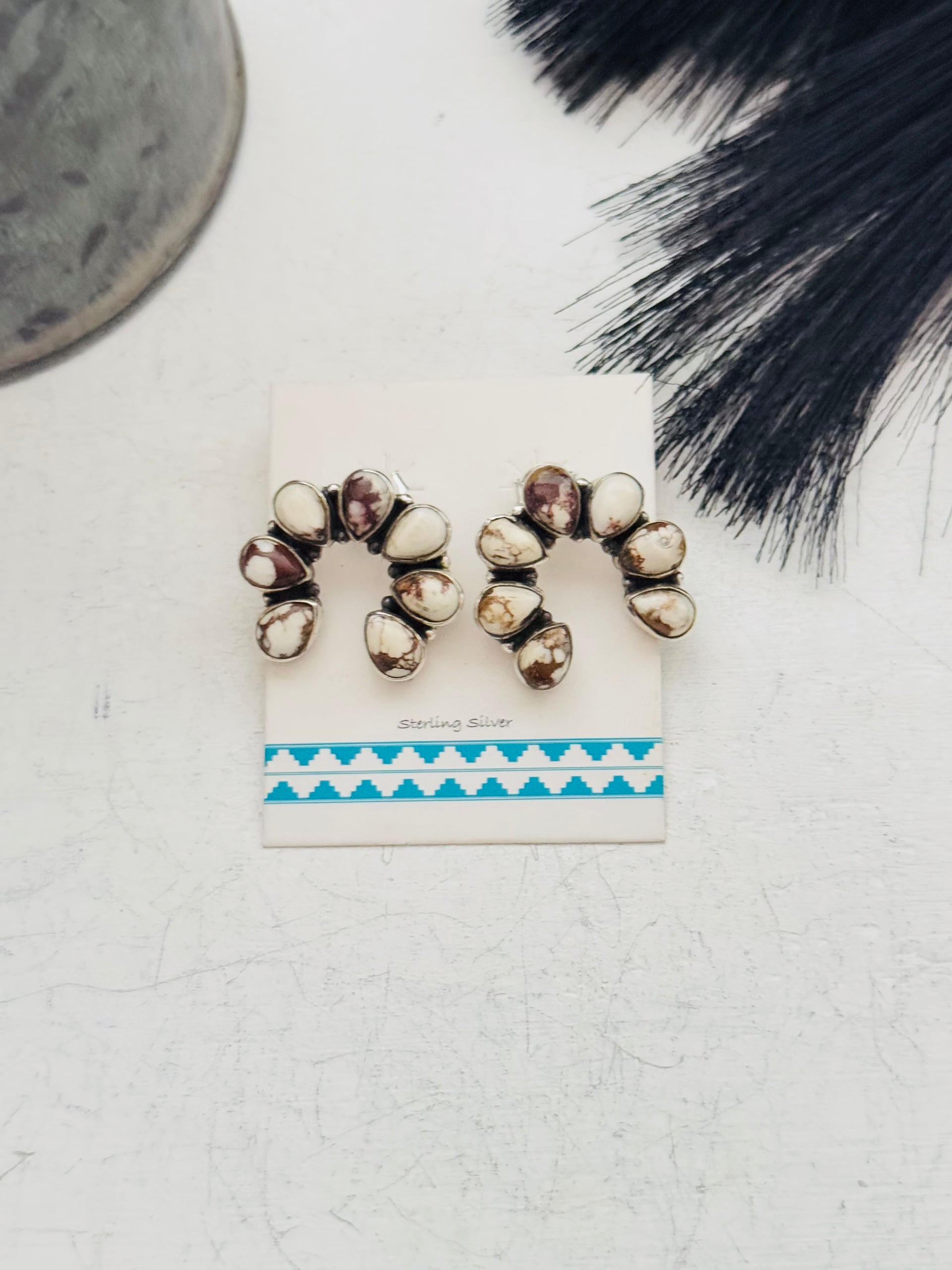 Southwest Handmade Wild Horse & Sterling Silver Post Naja Cluster Earrings
