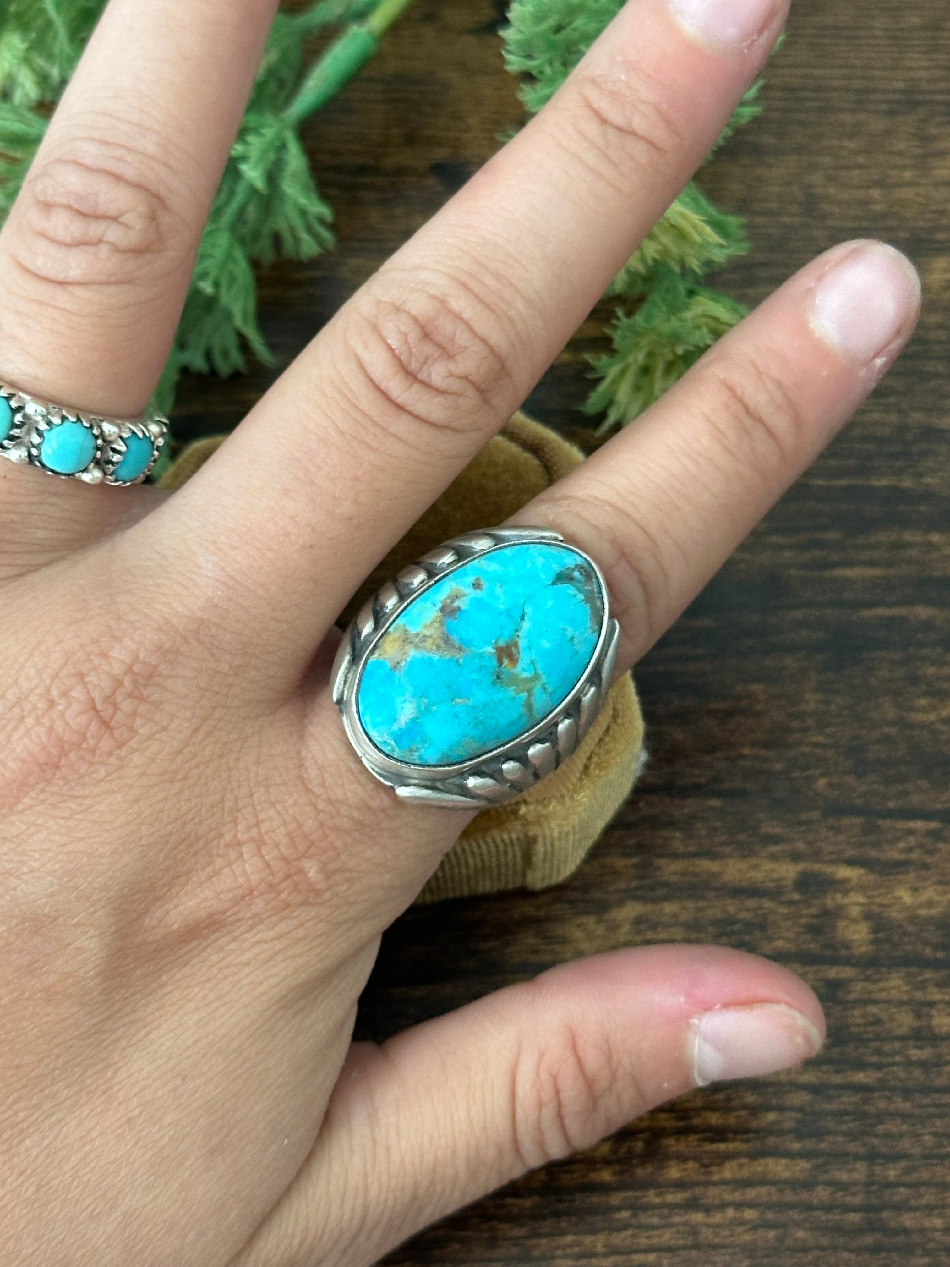 Navajo Made Kingman Turquoise & Sterling Silver Ring Size 8.75