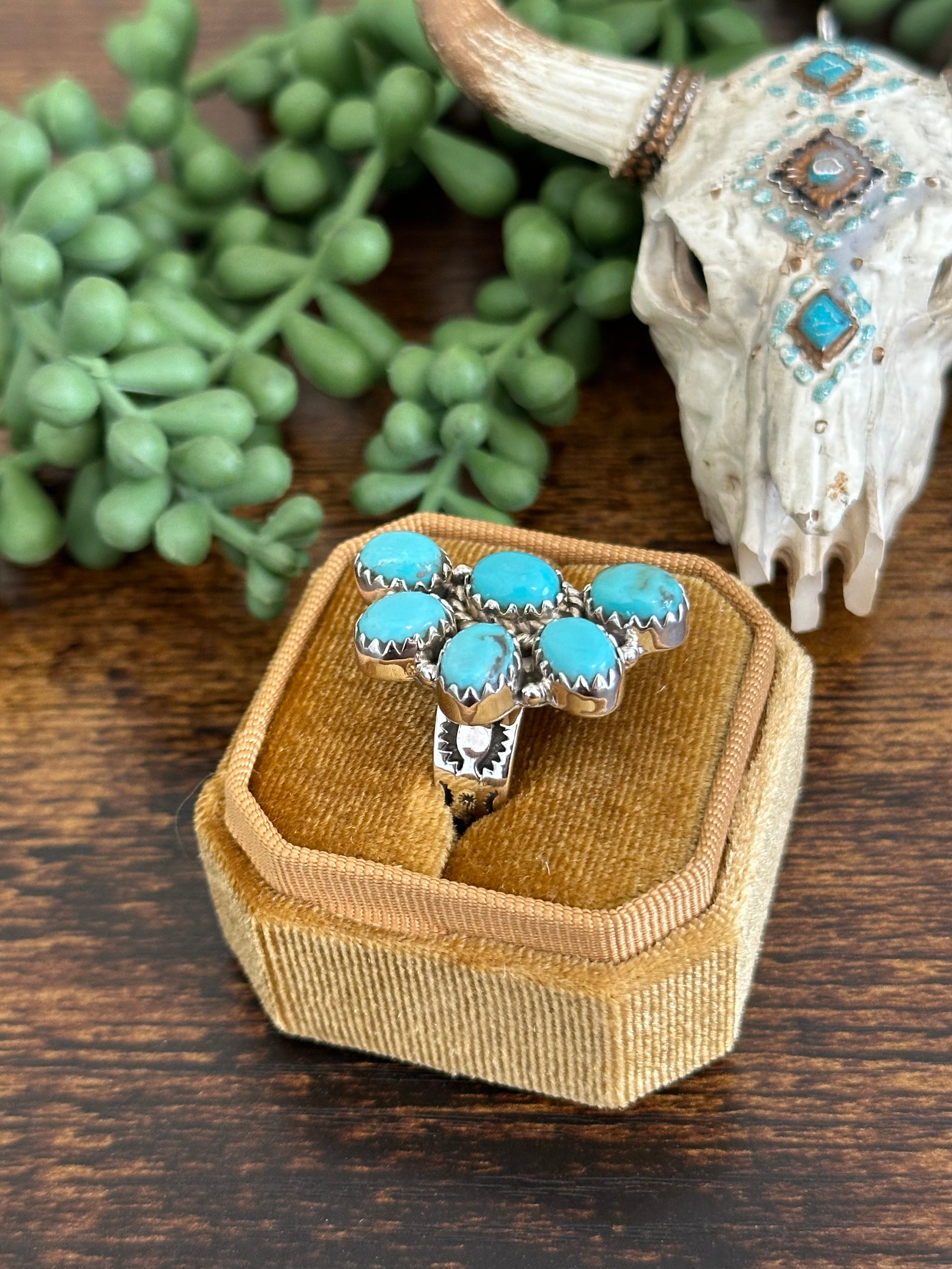 Southwest Handmade Kingman Turquoise & Sterling Silver Adjustable Cluster Ring