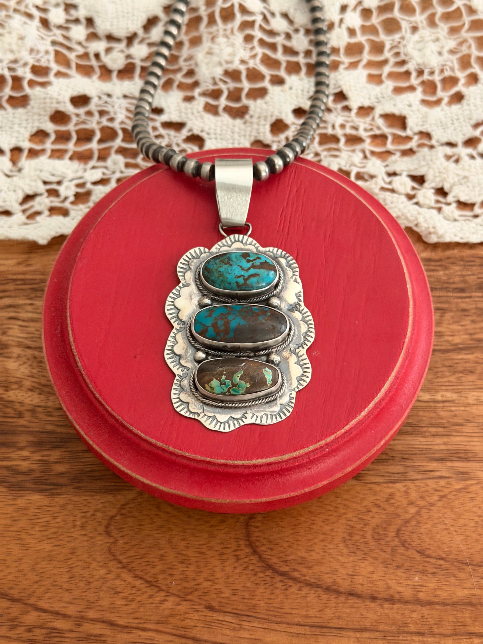 Navajo Made Mixed Turquoise & Sterling Silver Cluster Pendant