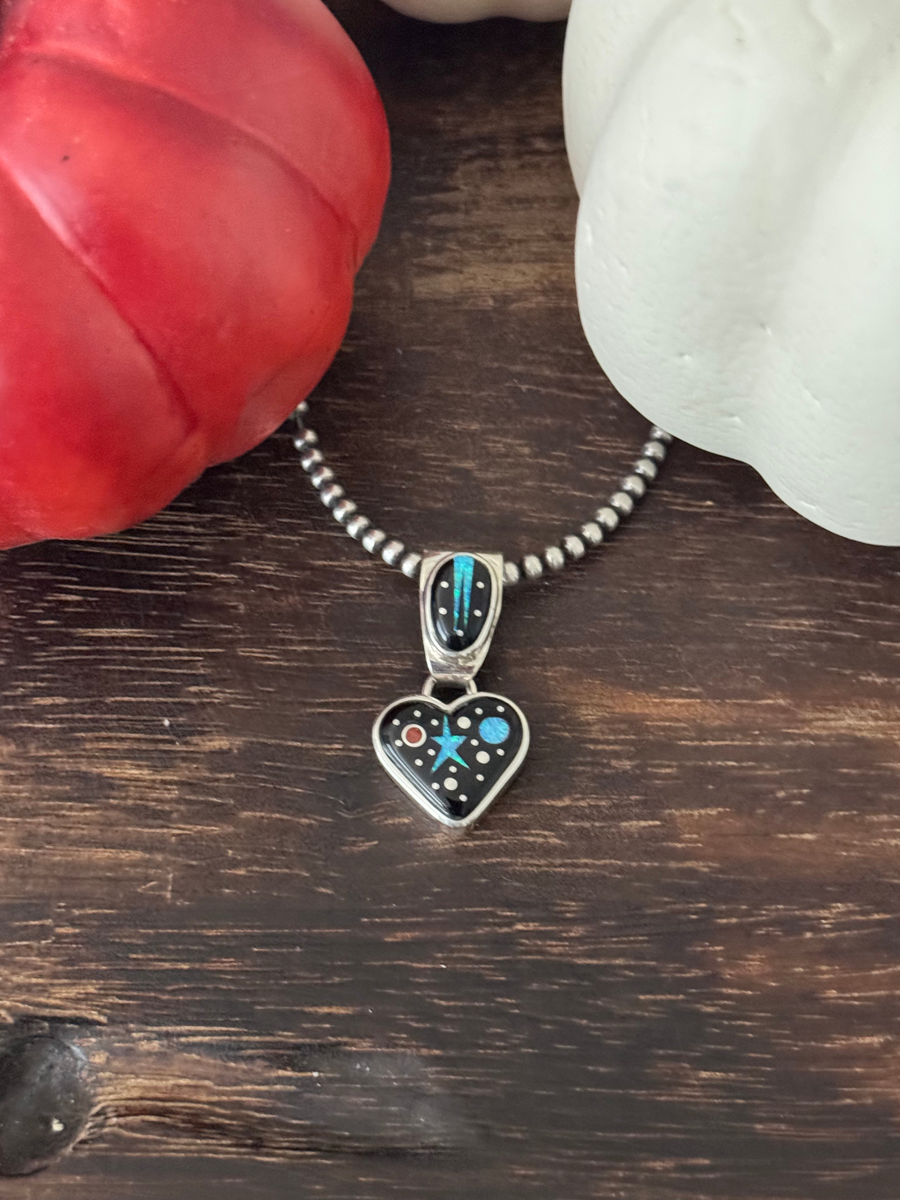 Matthew Jack Multi Stone & Sterling Silver Inlay HeartPendant