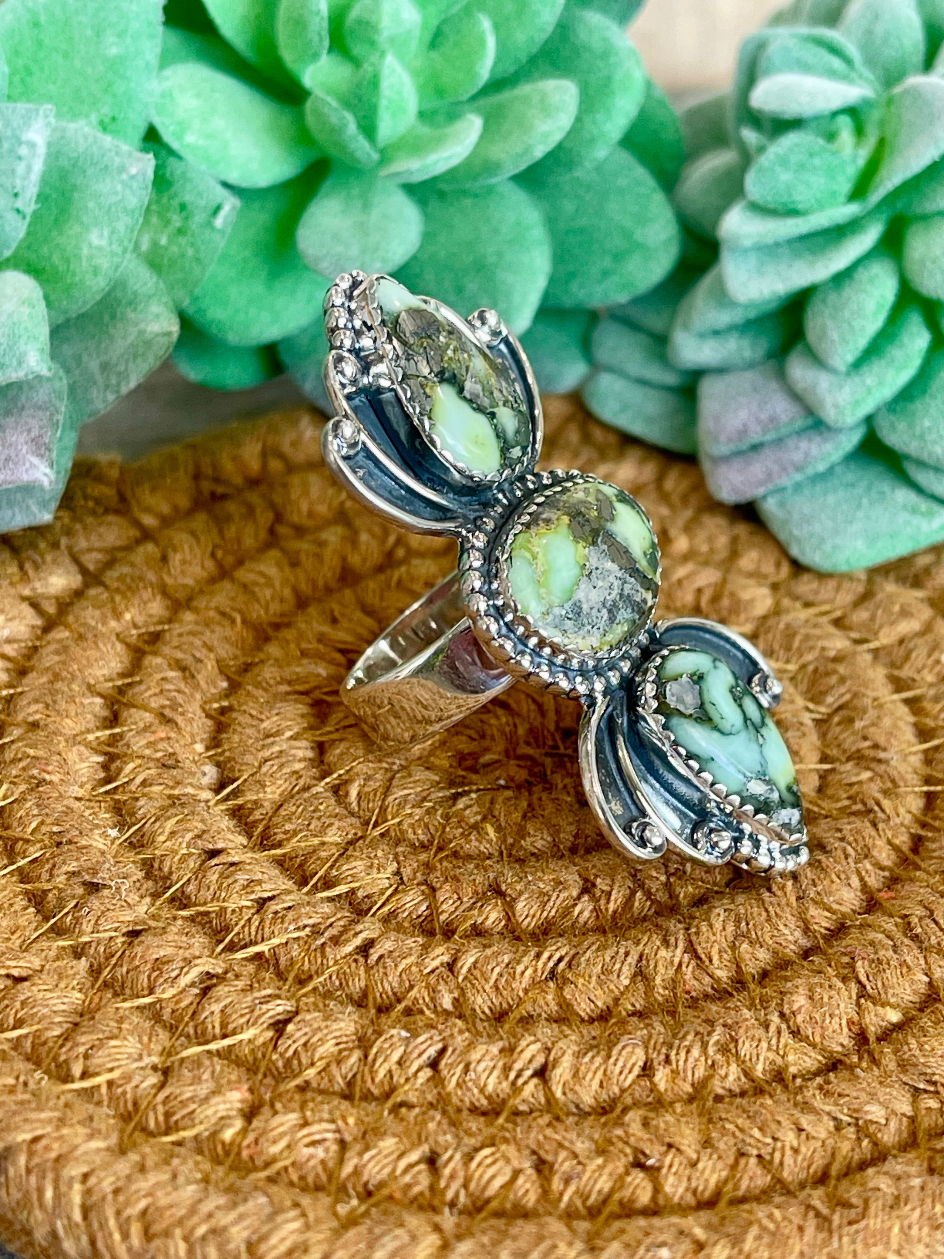 Southwest Handmade Palomino Variscite & Sterling Silver Adjustable 3 Stone Ring