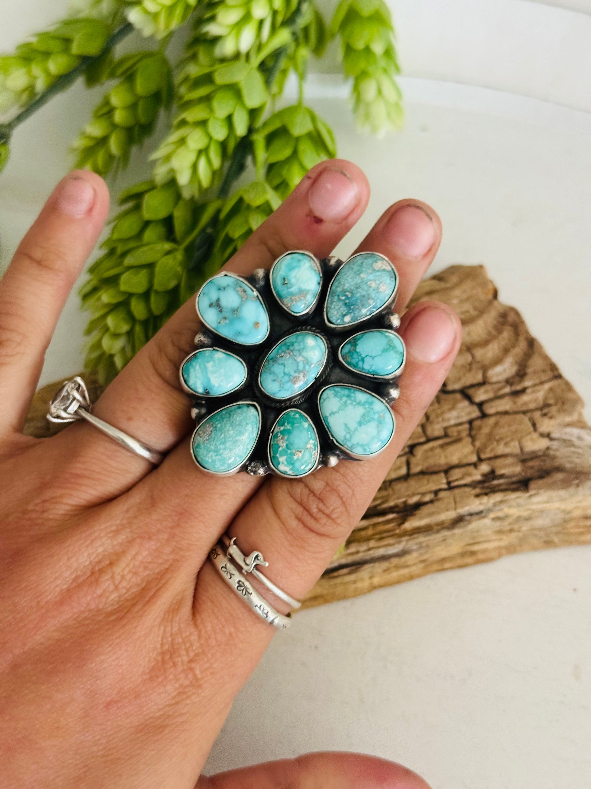 Navajo Made White Water Turquoise & Sterling Silver Cluster Ring Size 7.5