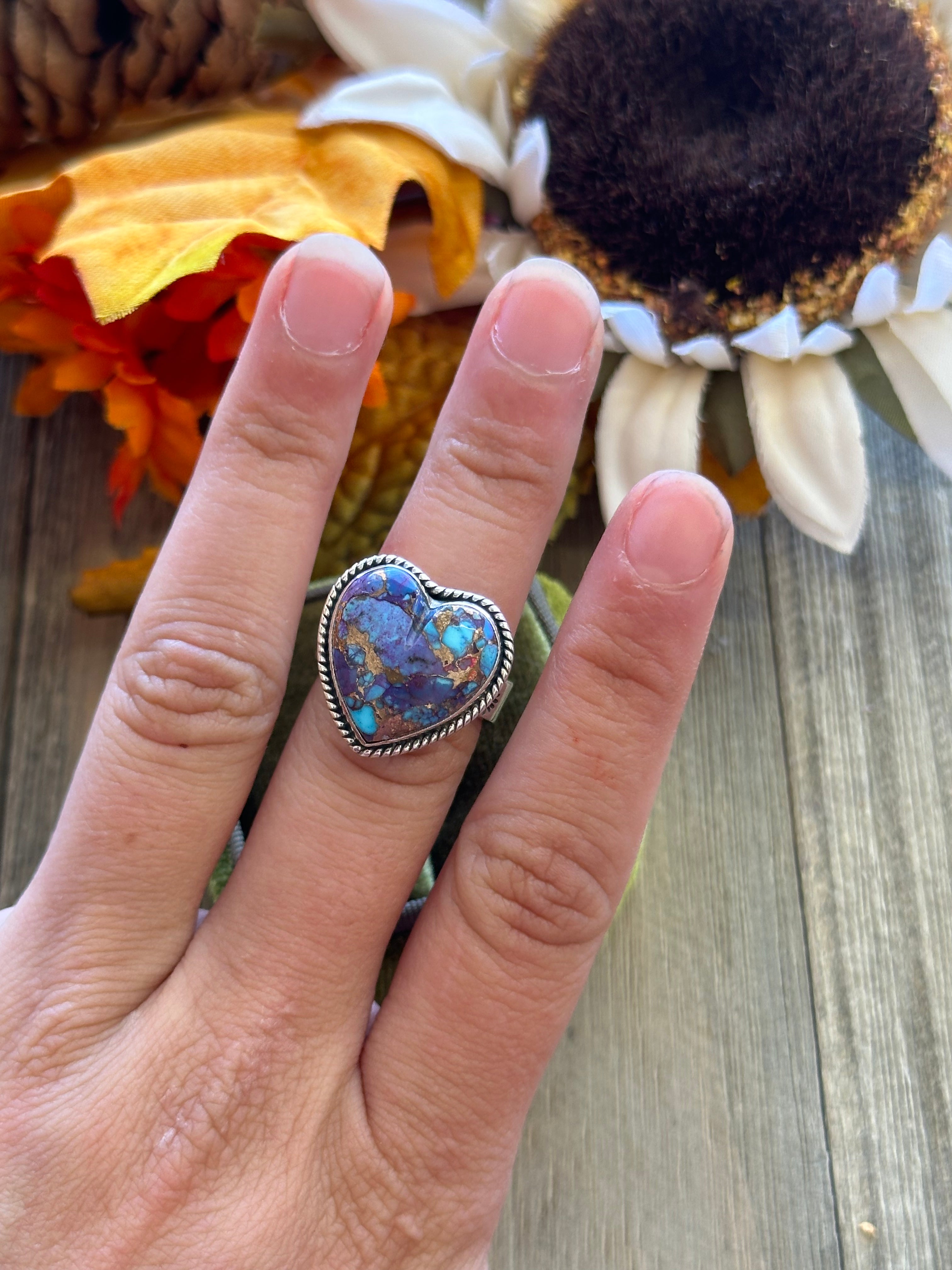 Southwest Handmade Mohave Turquoise & Sterling Silver Adjustable Heart Ring