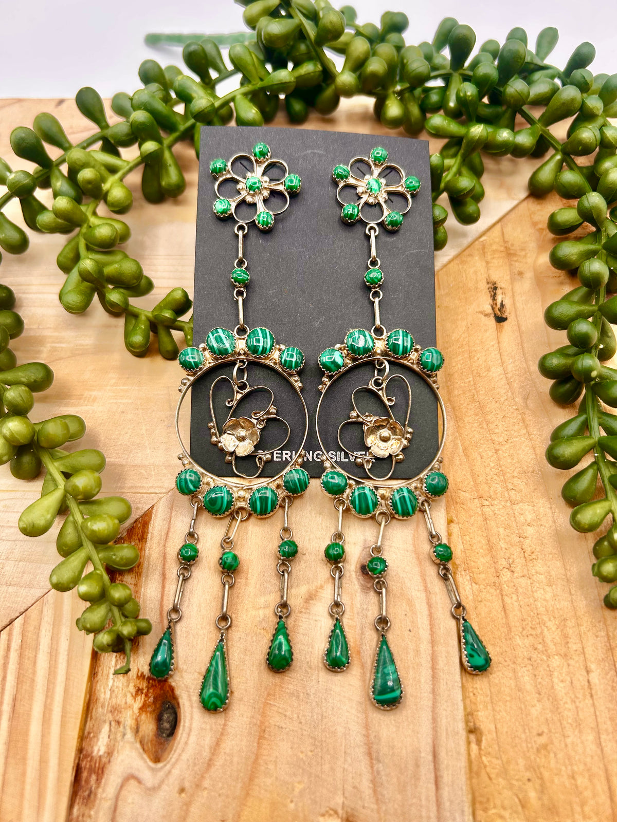 Vintage Navajo Made Malachite & Sterling Silver Post Earrings