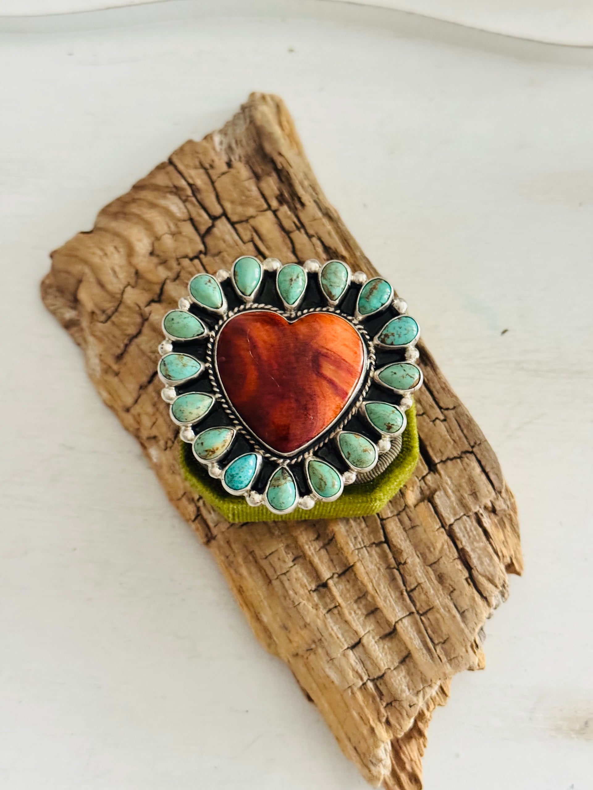 Navajo Made Multi Stone & Sterling Silver Adjustable Heart Cluster Ring