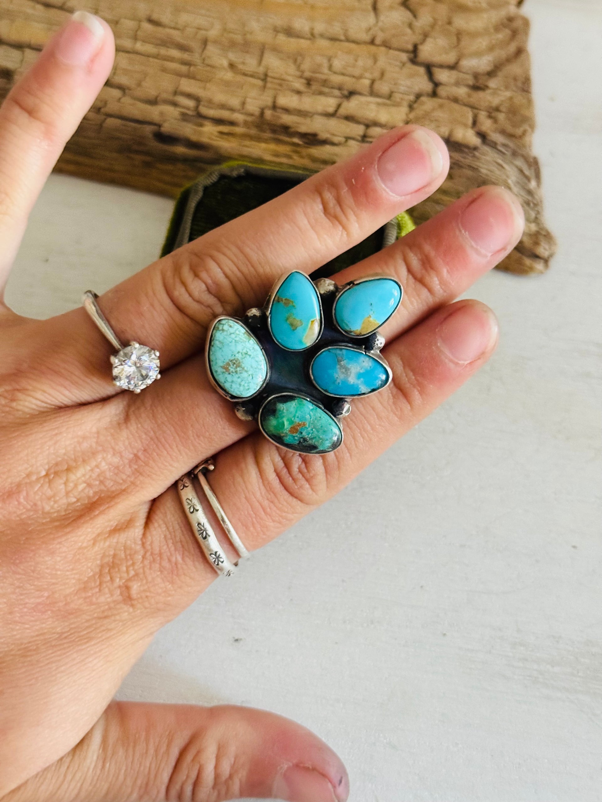 Navajo Made Multi Turquoise & Sterling Silver Adjustable Cluster Ring