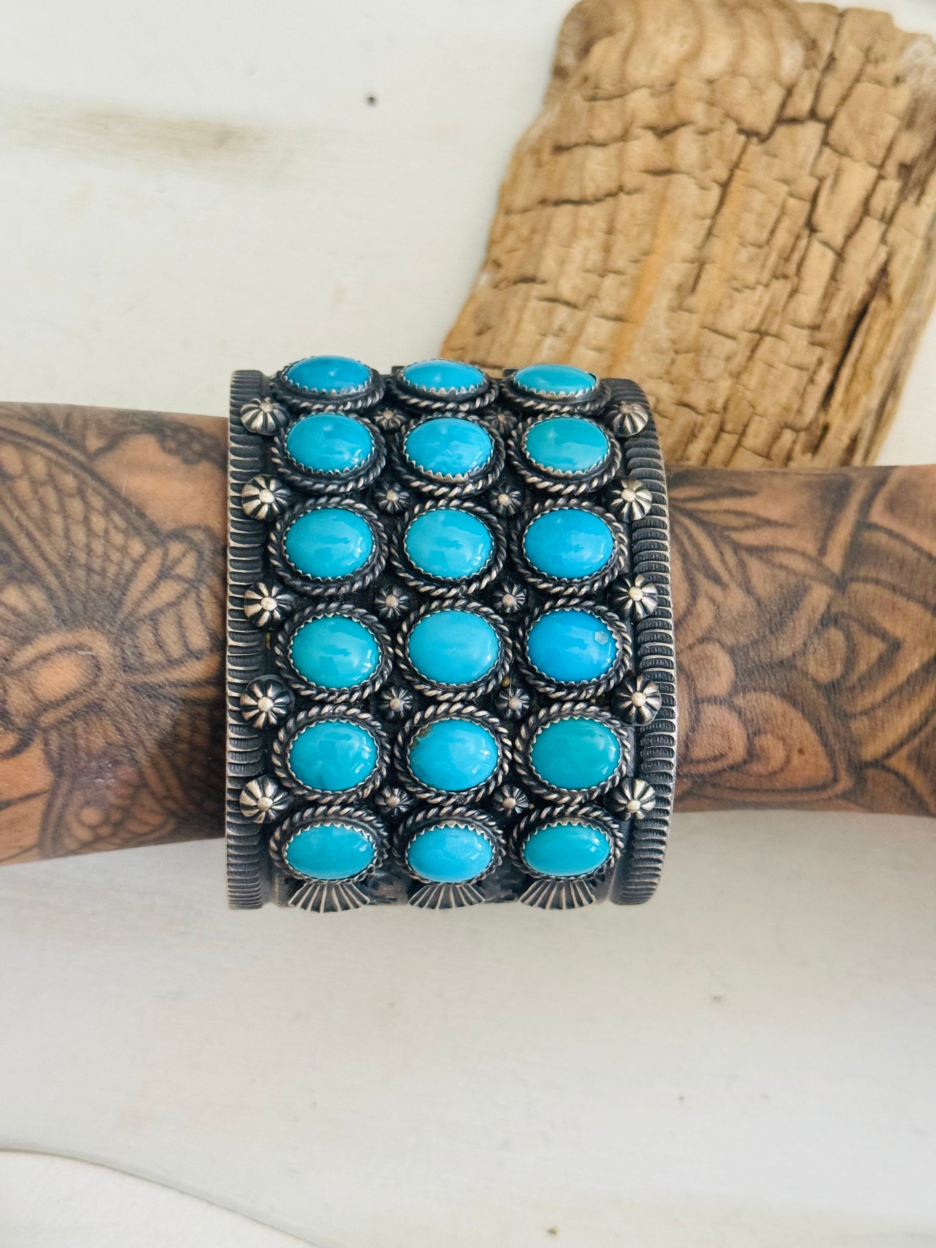 Kevin Billah Kingman Turquoise & Sterling Silver Cluster Cuff Bracelet