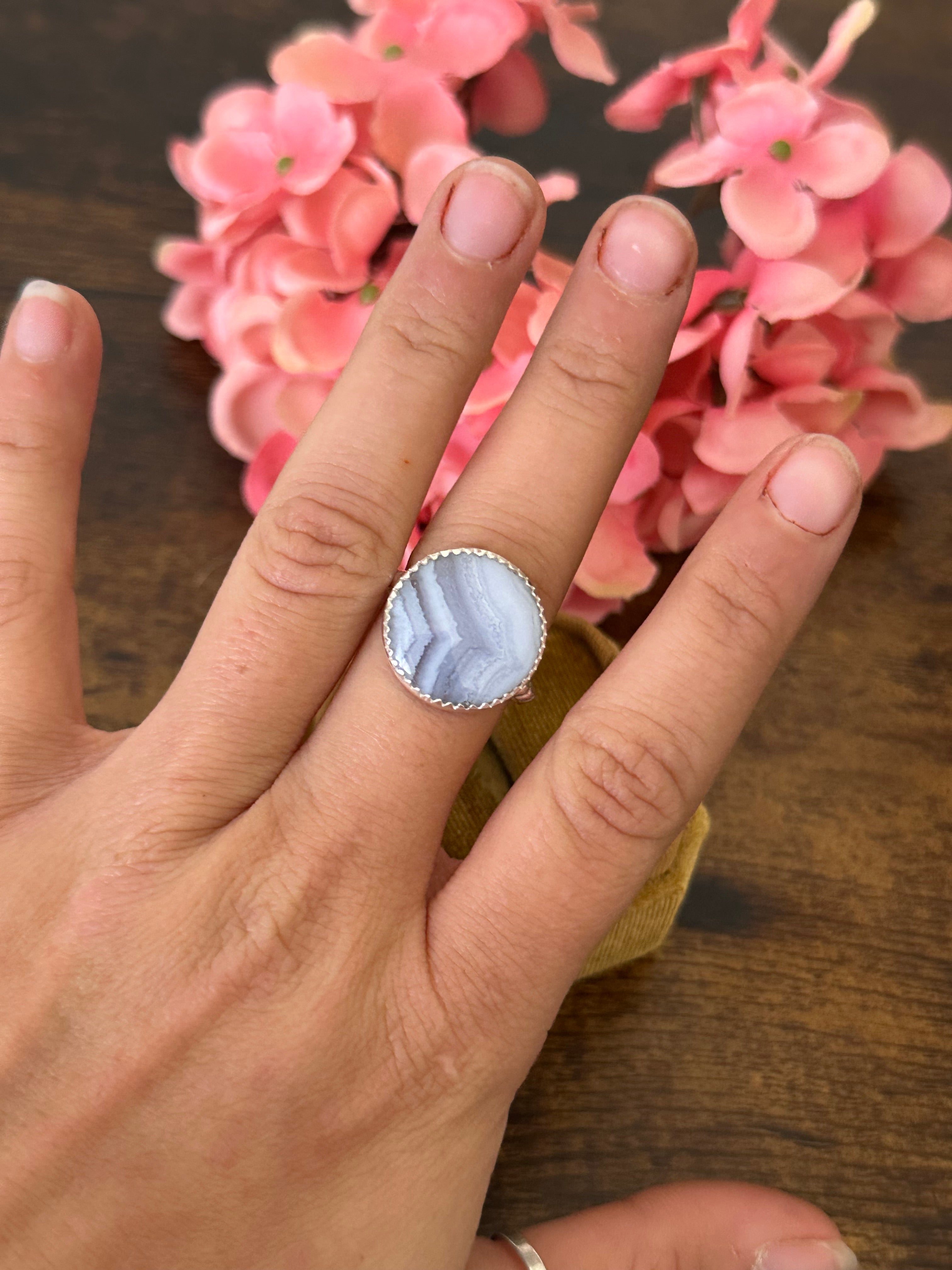 Southwest Handmade Blue Lace Agate & Sterling Silver Ring Size 8.25