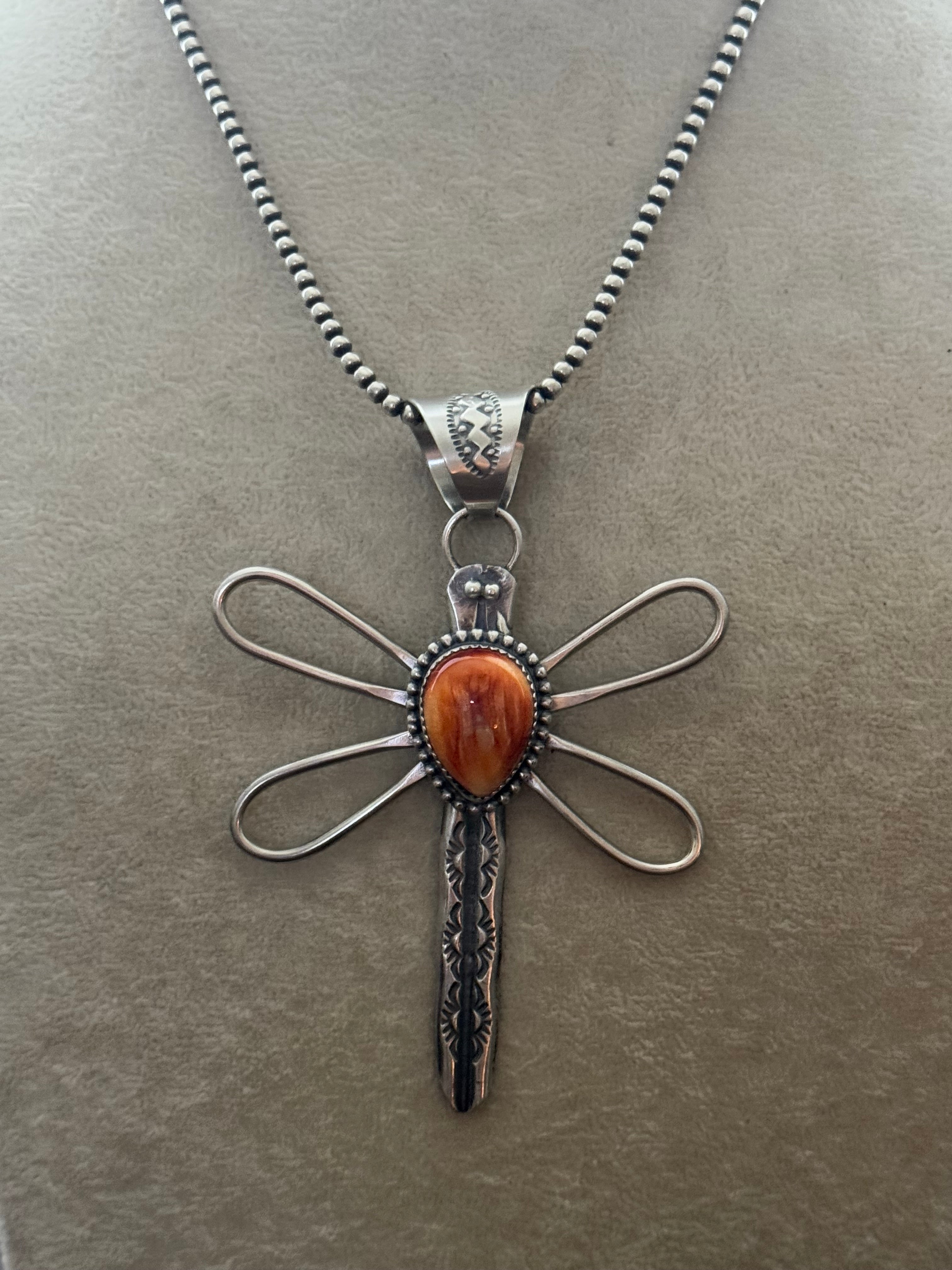 Delbert Secatero Spiny Oyster & Sterling Silver Dragonfly Pendant