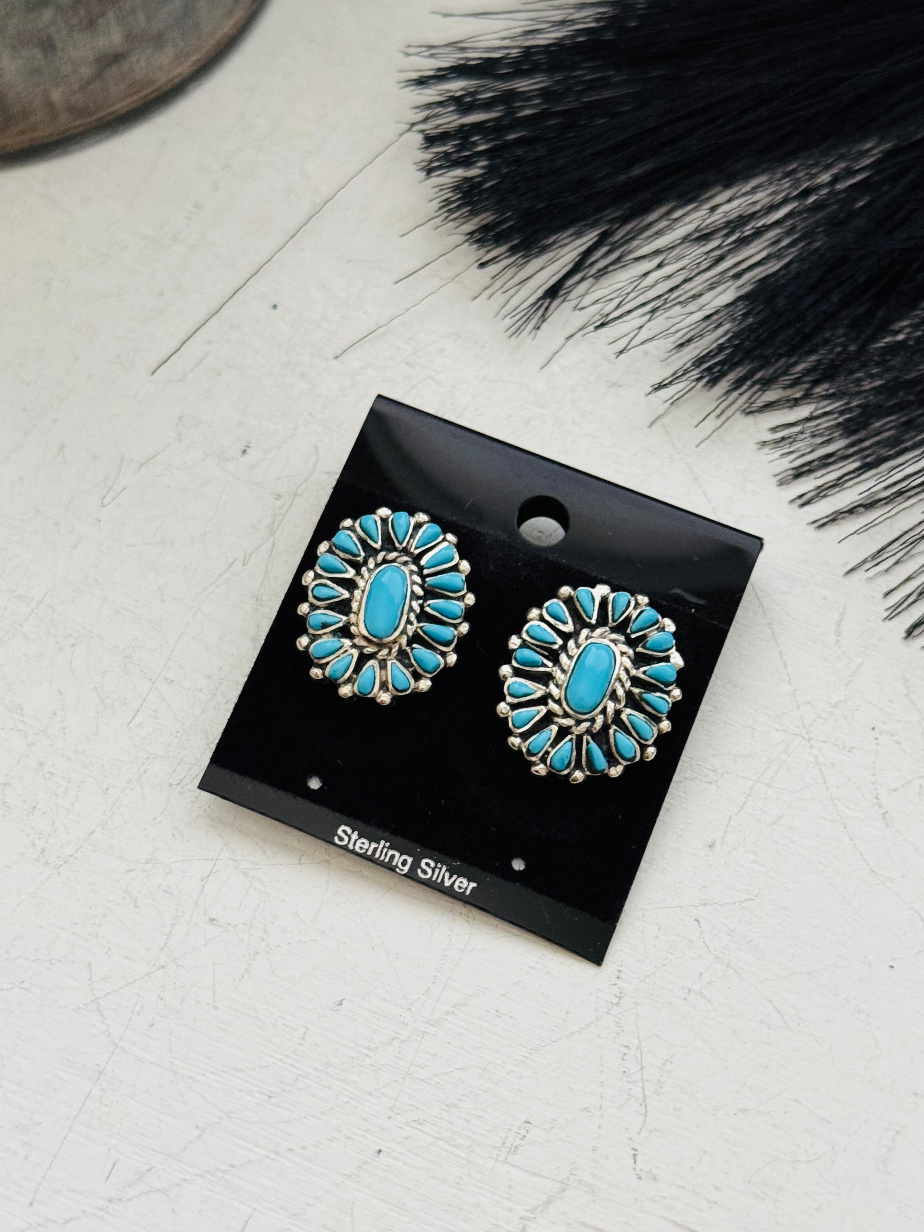 Southwest Handmade Turquoise & Sterling Silver Post Cluster Earrings