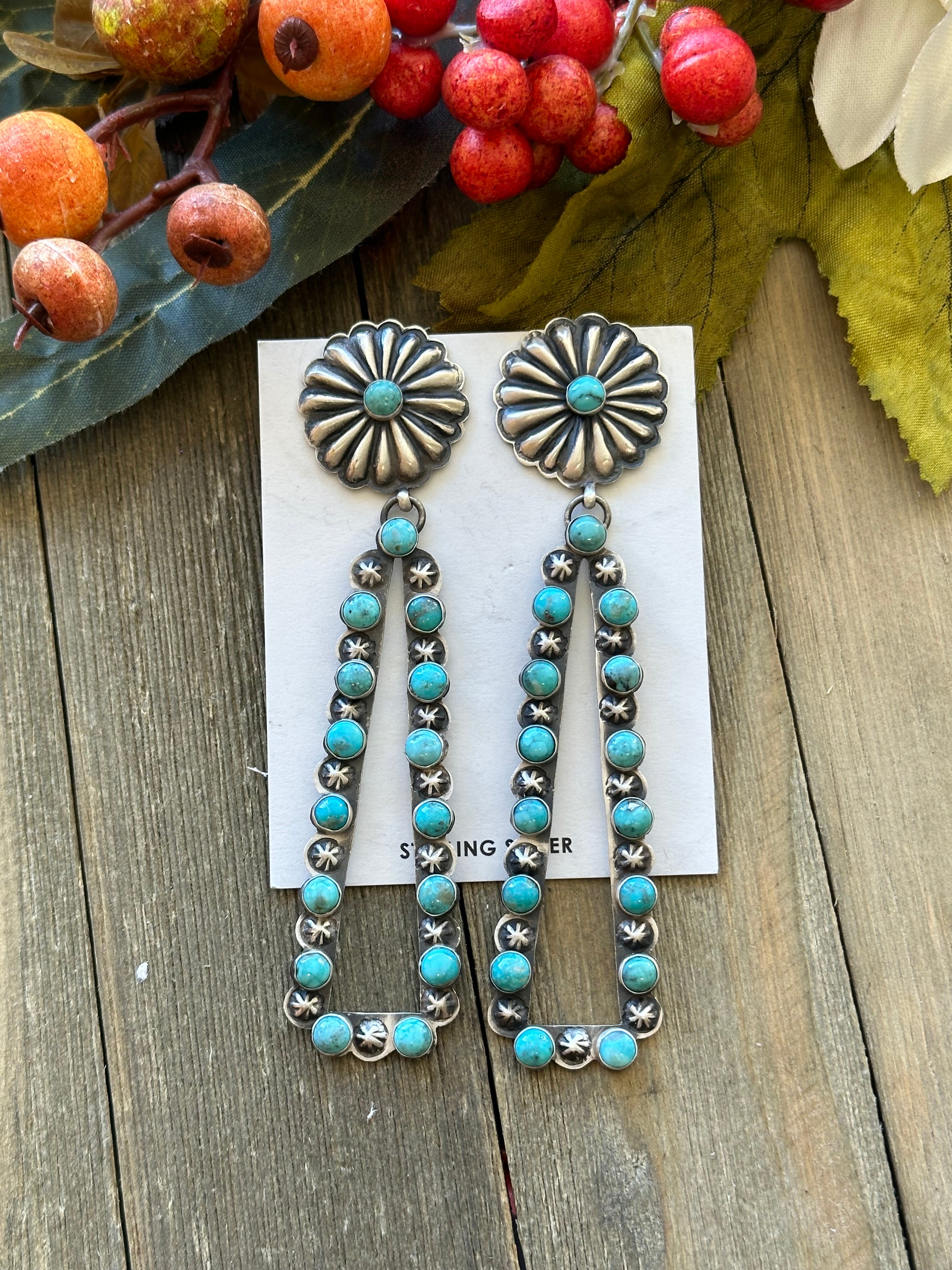 Navajo Made Kingman Turquoise & Sterling Silver Post Dangle Concho Earrings