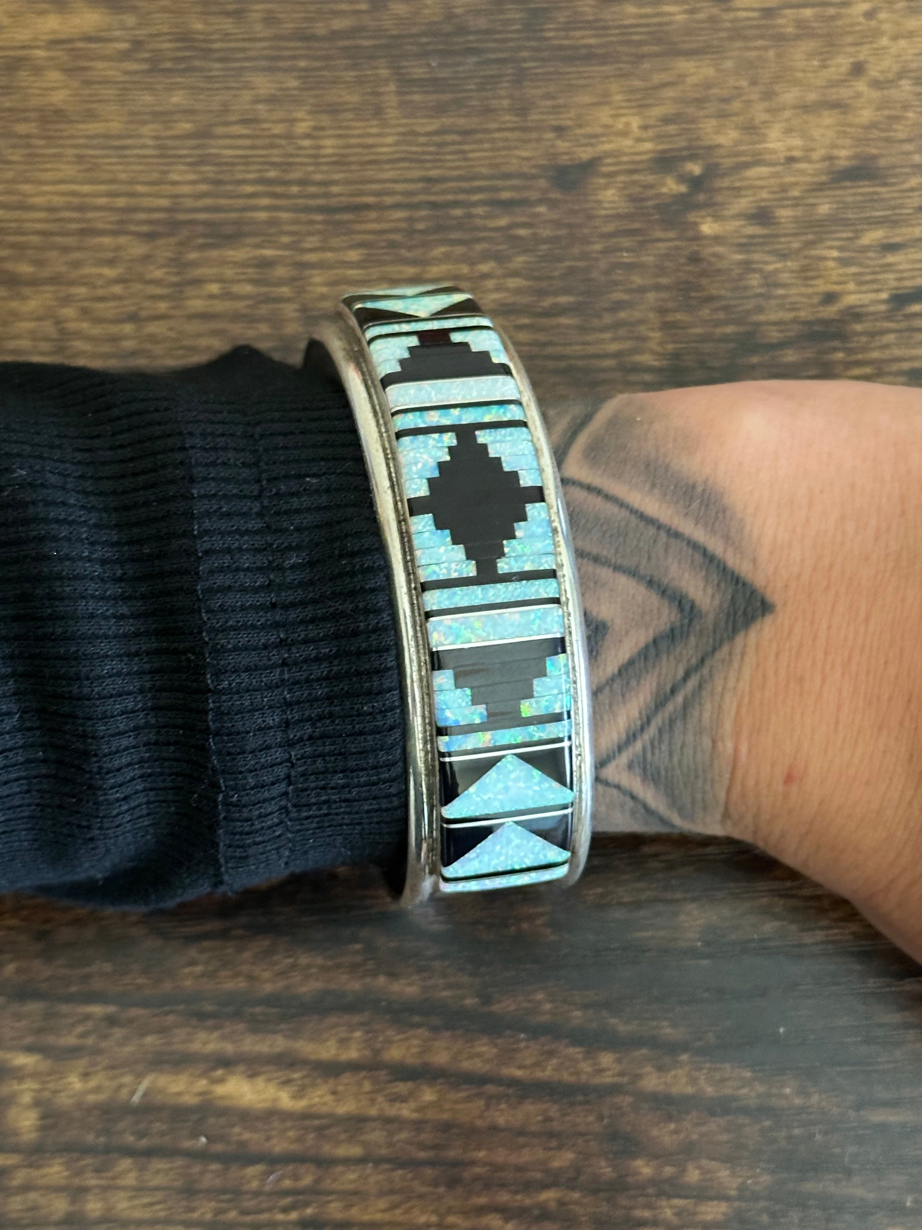 Zuni Made Multi Stone & Sterling Silver Inlay Cuff Bracelet
