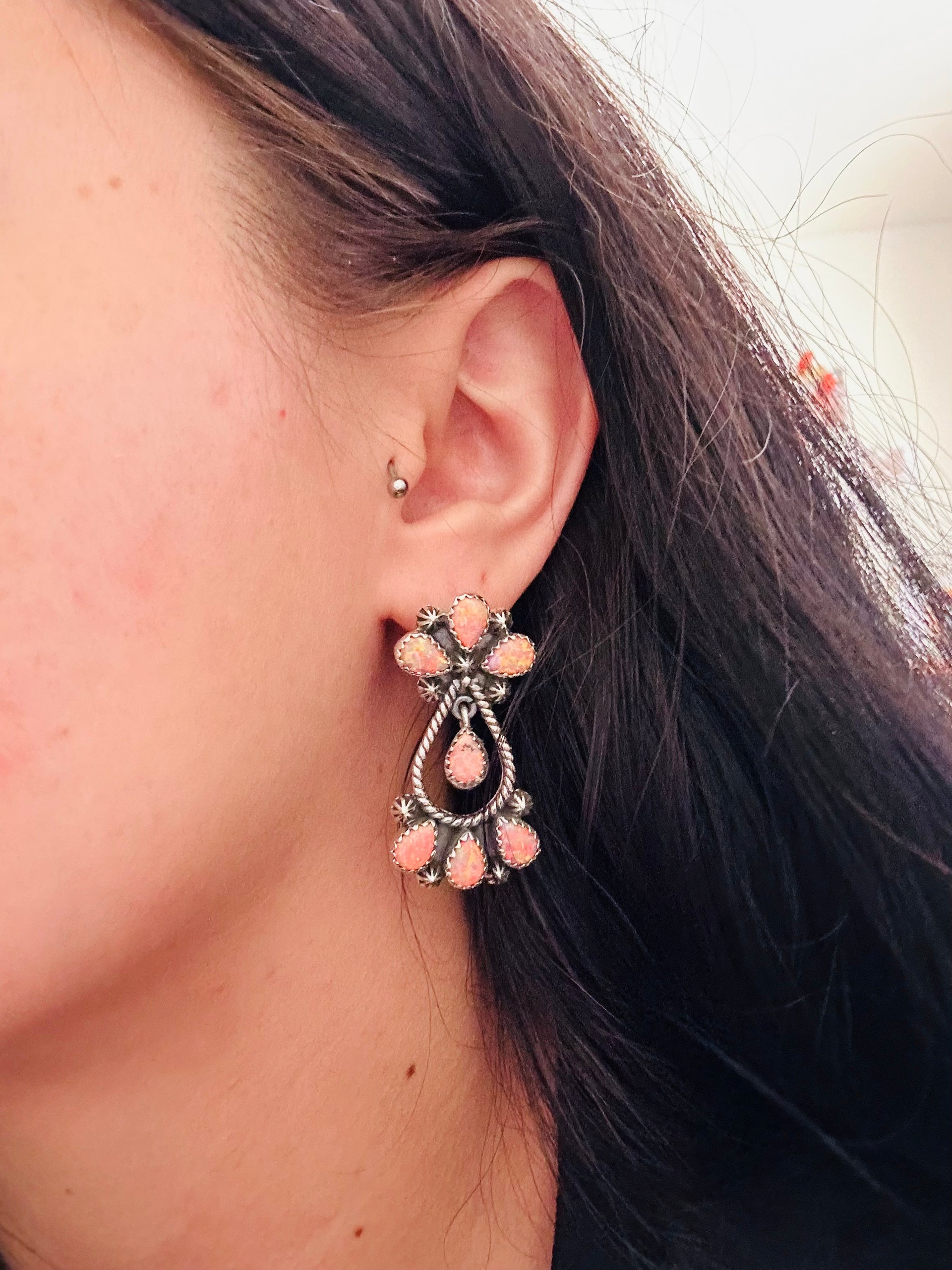 Southwest Handmade Pink Opal & Sterling Silver Post Dangle Earrings