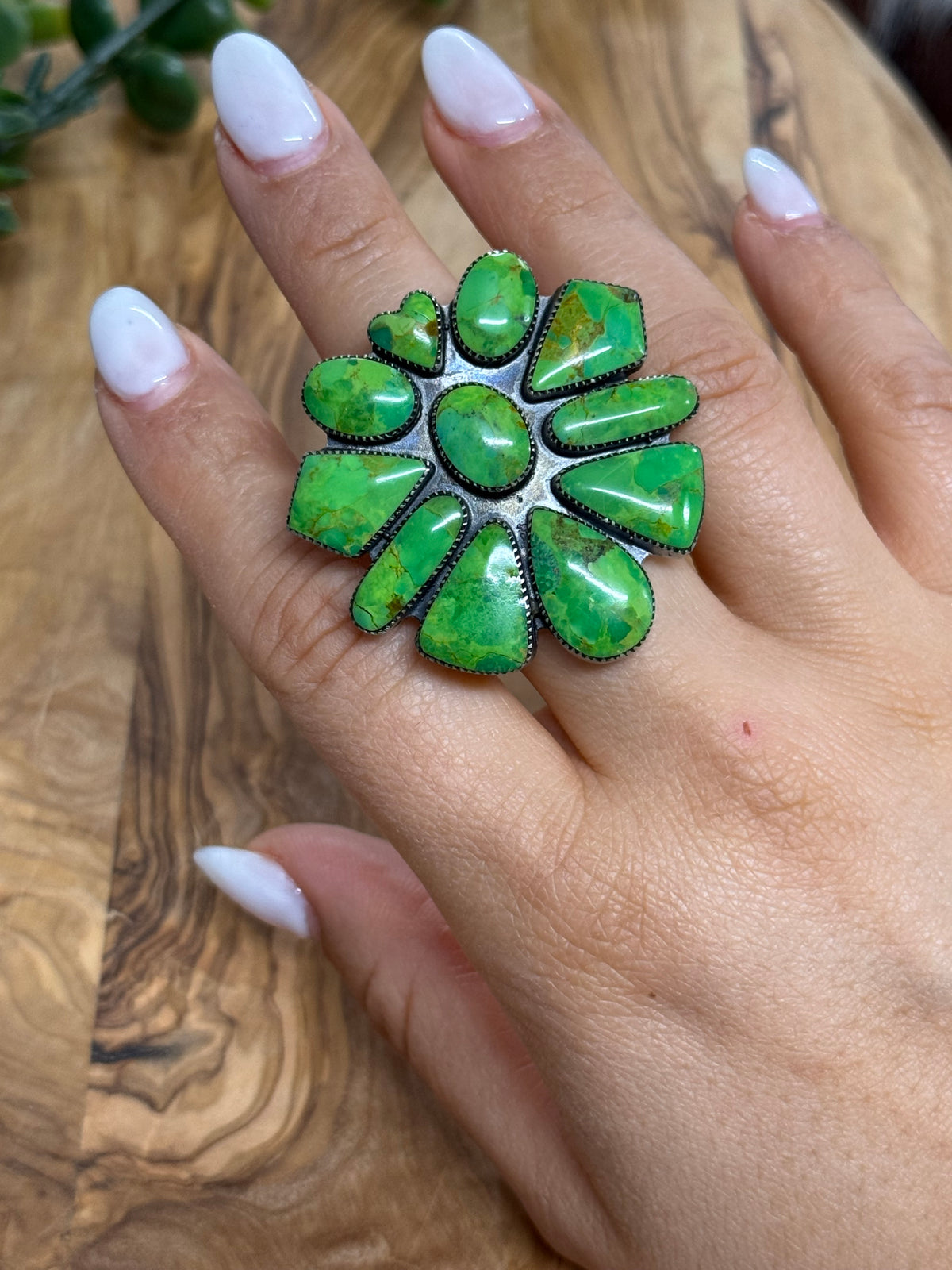 Southwest Handmade Green Mohave & Sterling Silver Cluster Ring