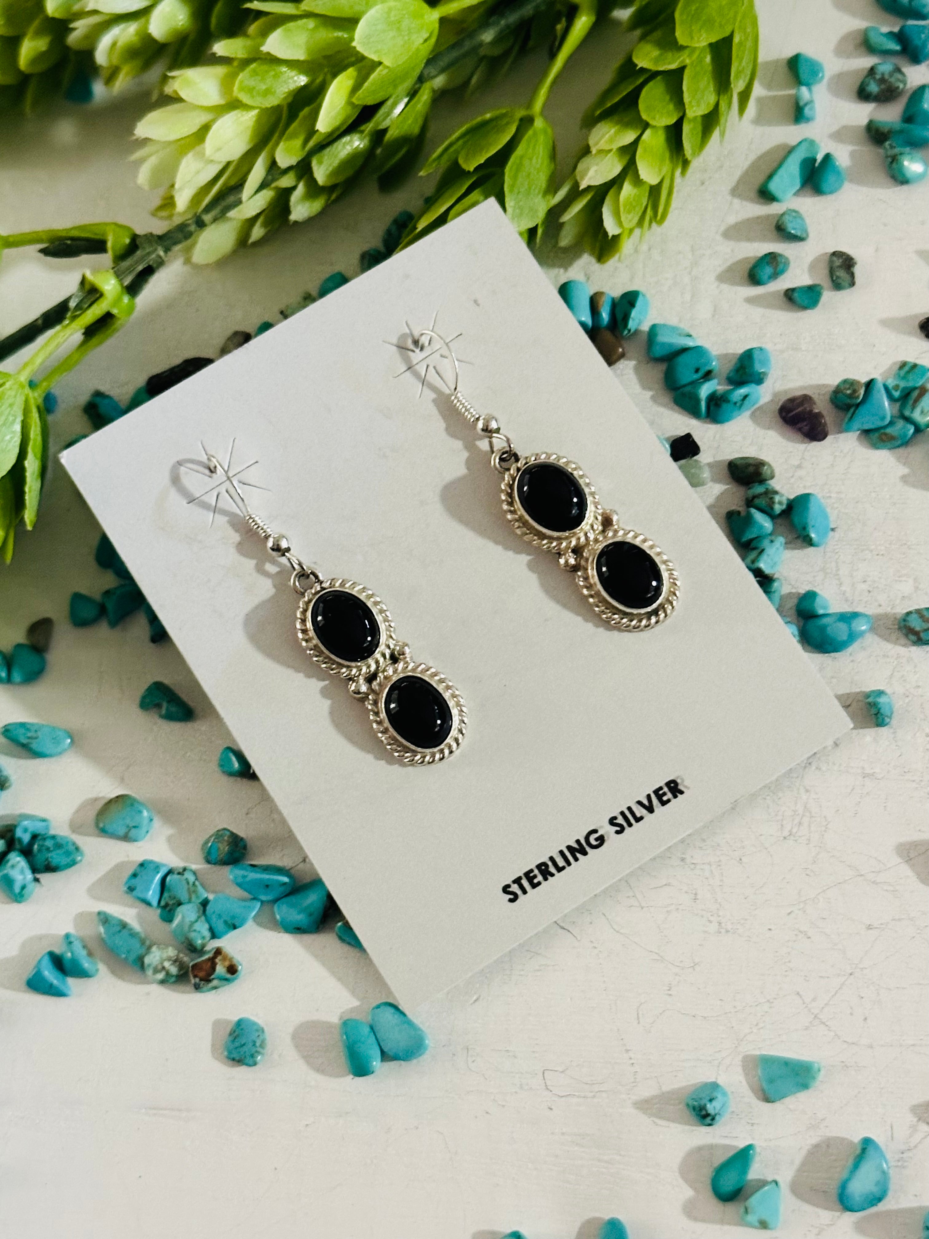 Navajo Made Onyx & Sterling Silver Dangle Earrings