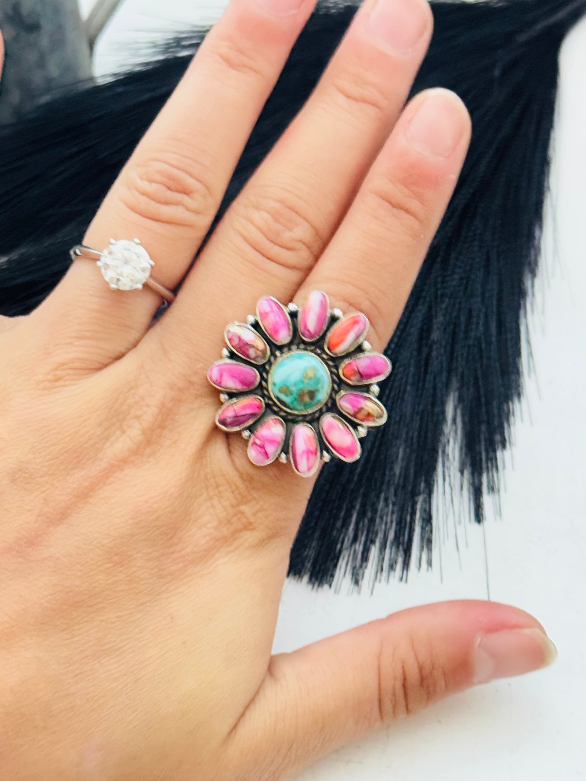 Southwest Handmade Multi Stone & Sterling Silver Adjustable Cluster Ring
