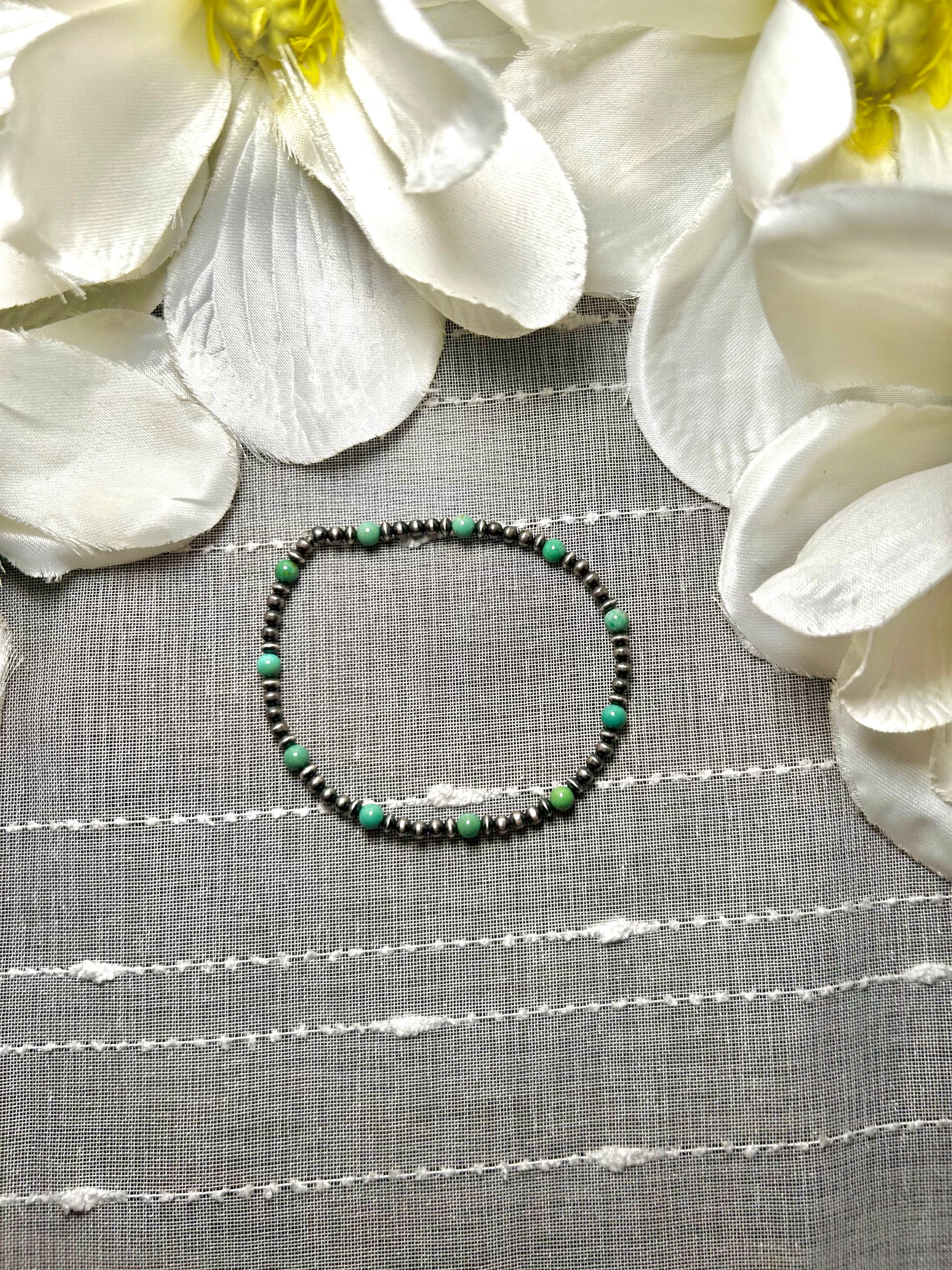 Navajo Made Kingman Turquoise & Sterling Silver Strung Stretchy Bracelet