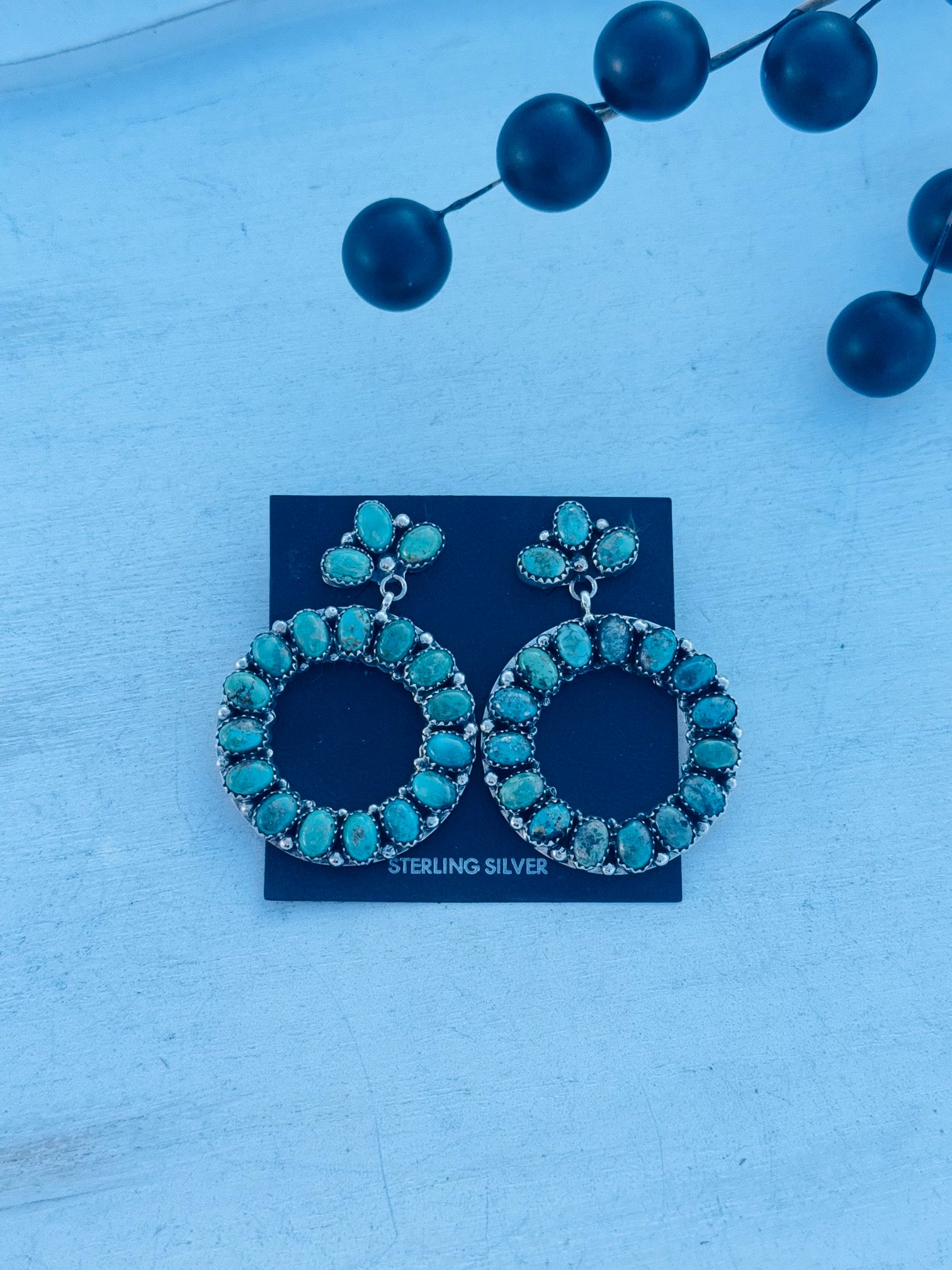 Navajo Made Kingman Turquoise & Sterling Silver Post Dangle Cluster Earrings