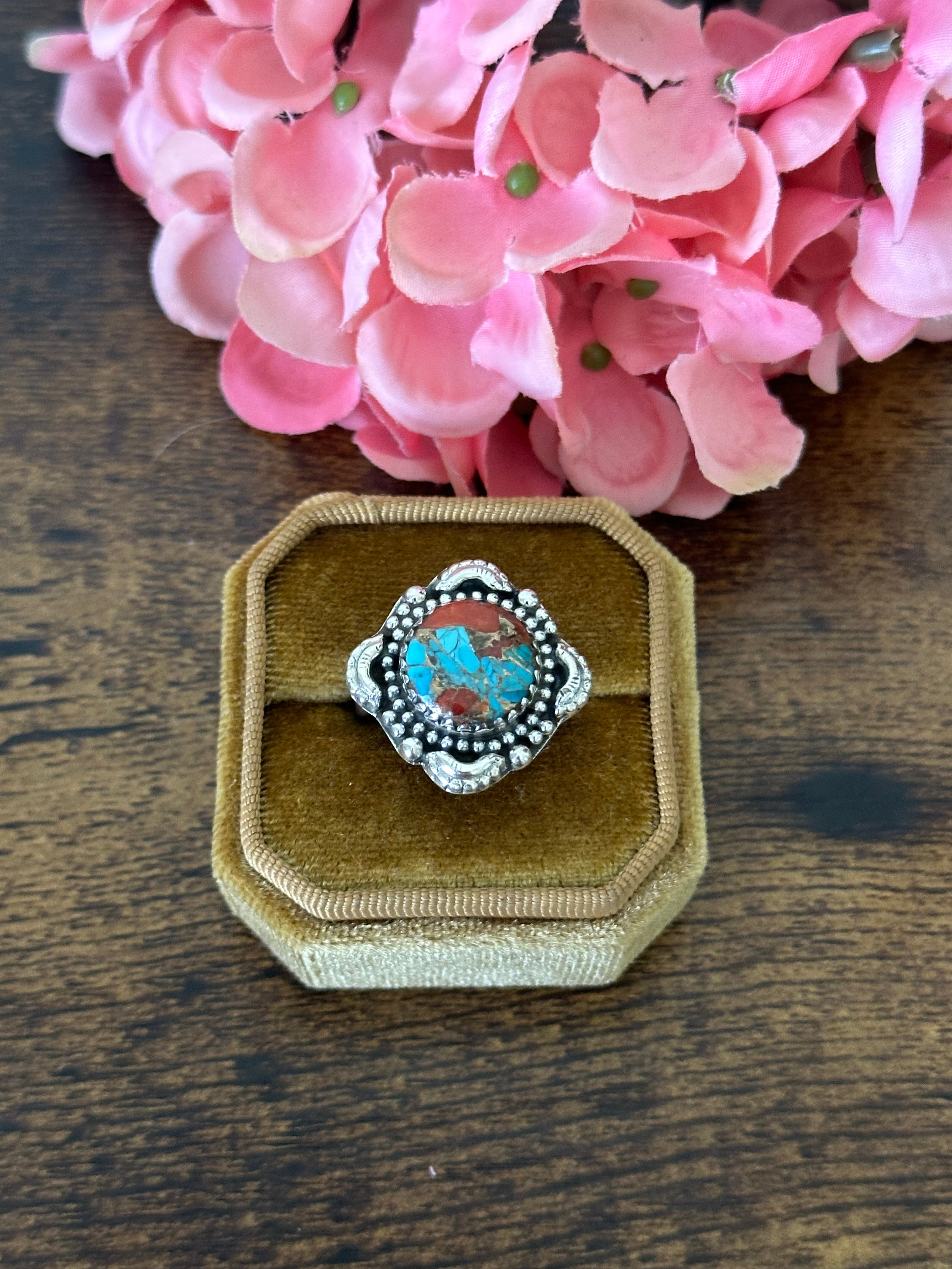 Southwest Handmade Red Mohave Turquoise & Sterling Silver Ring Size 7.5