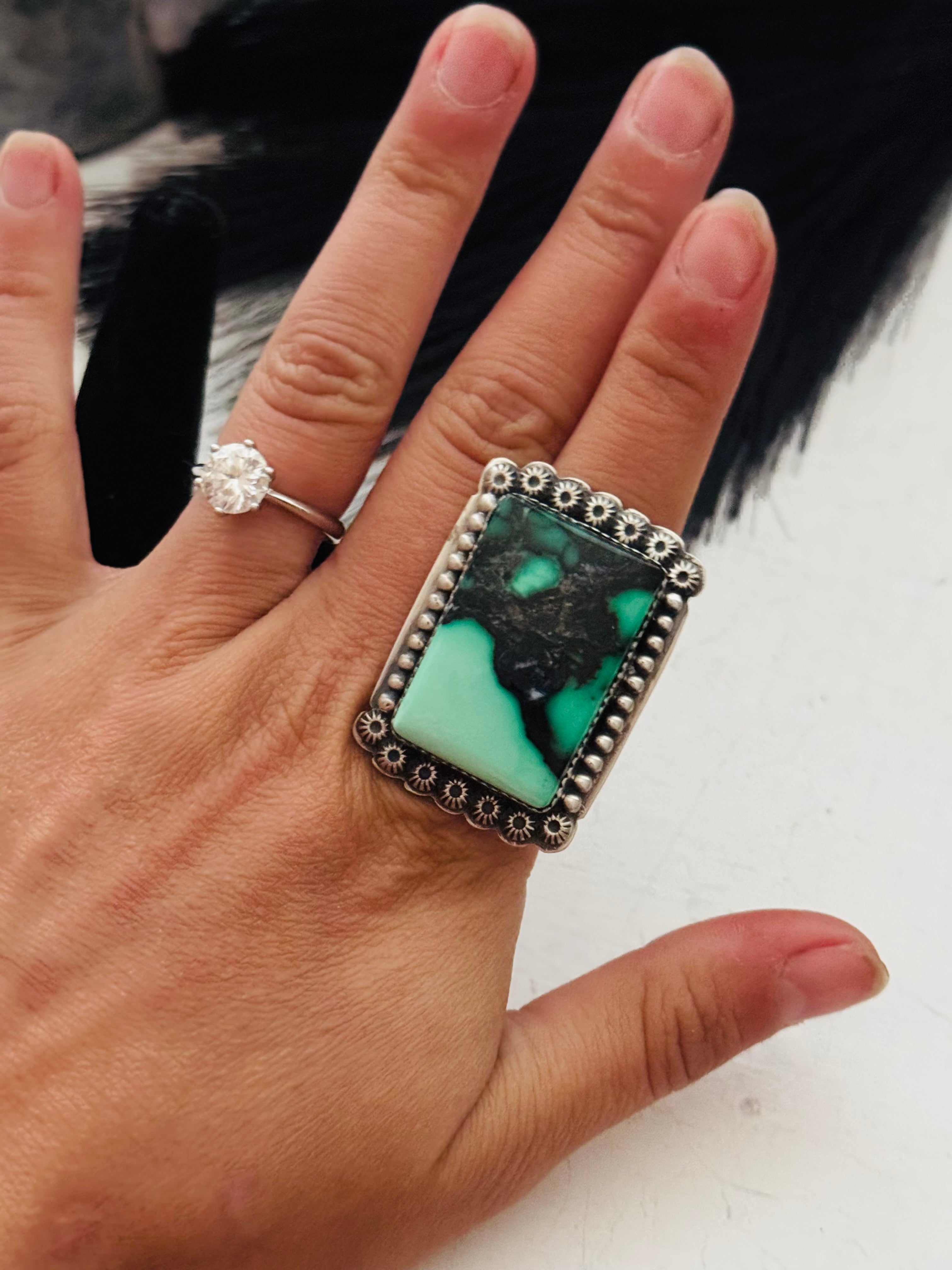 Navajo Made Emerald Rose Variscite & Sterling Silver Ring Size 8.5