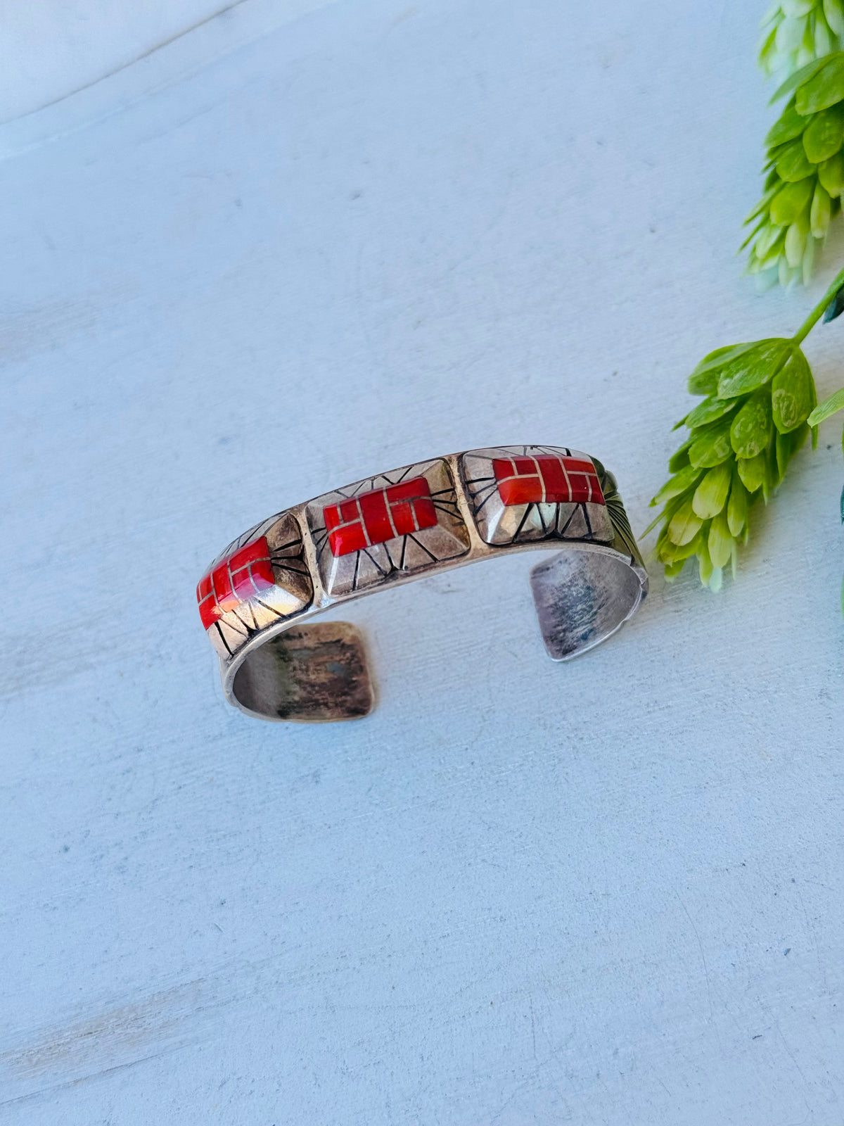 Vintage Navajo Made Coral & Sterling Silver Cuff Bracelet