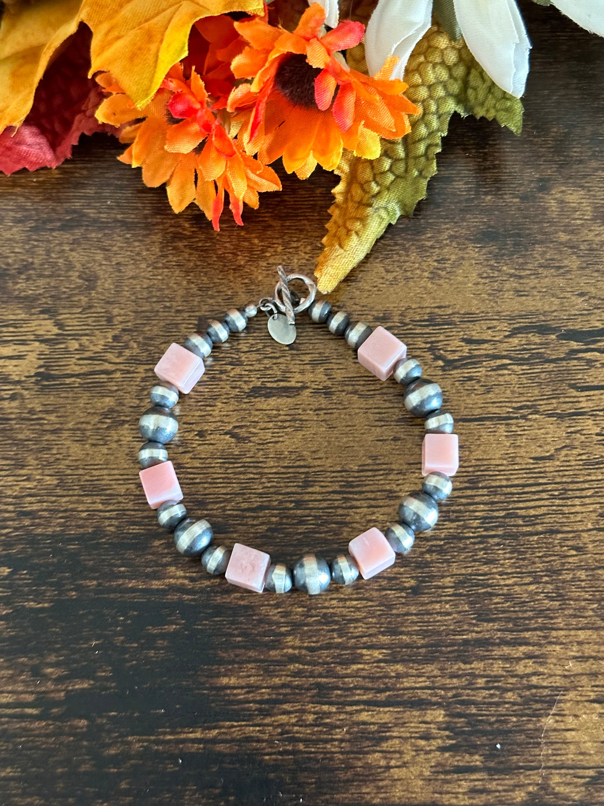 Navajo Strung Peruvian Pink Opal & Sterling Silver Pearl Beaded Bracelet