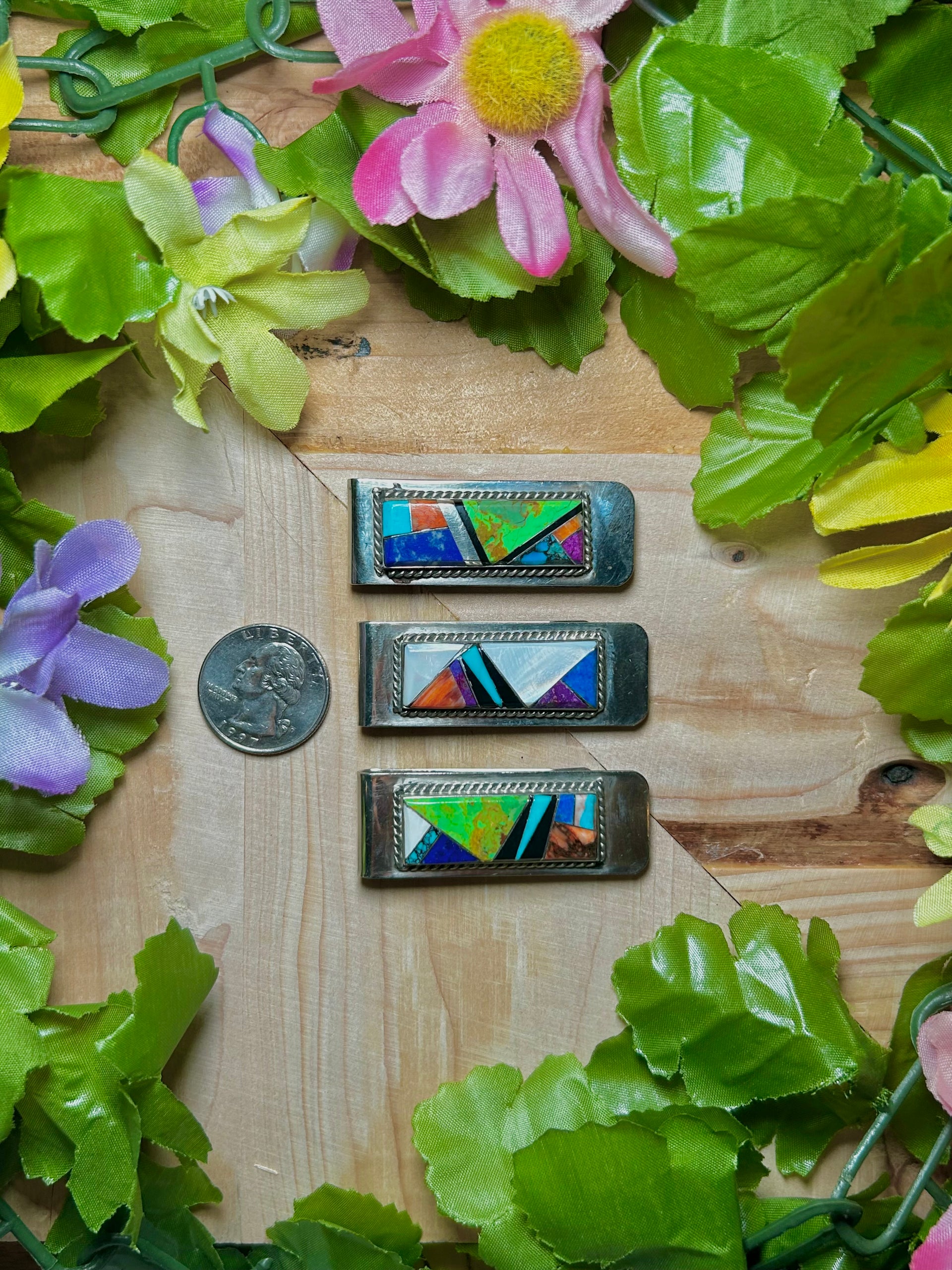 Navajo Made Multi Stone & Sterling Silver Money Clip