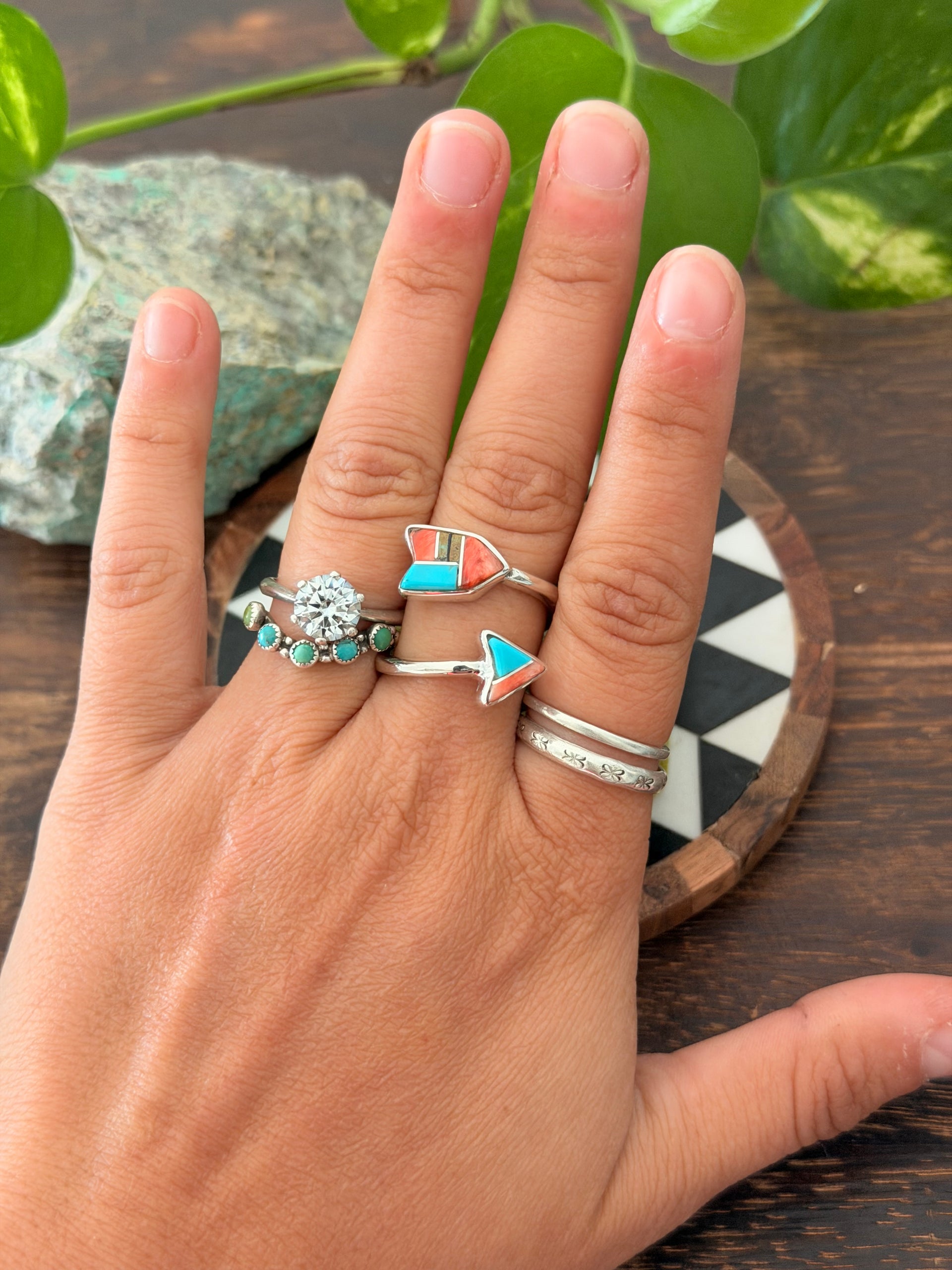 Navajo Made Multi Stone & Sterling Silver Inlay Arrow Adjustable Ring