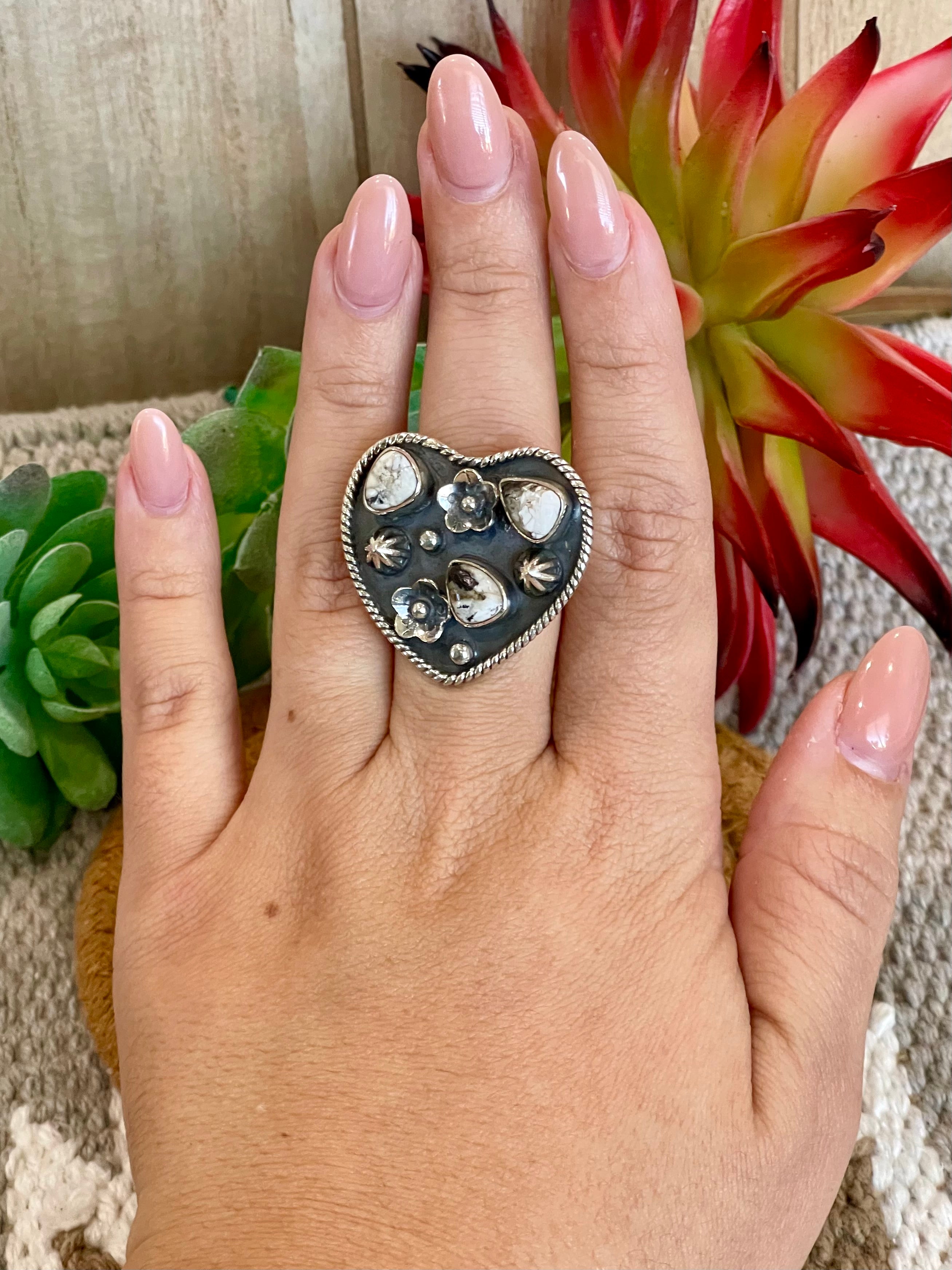 Southwest Handmade White Buffalo & Sterling Silver Adjustable Heart Ring