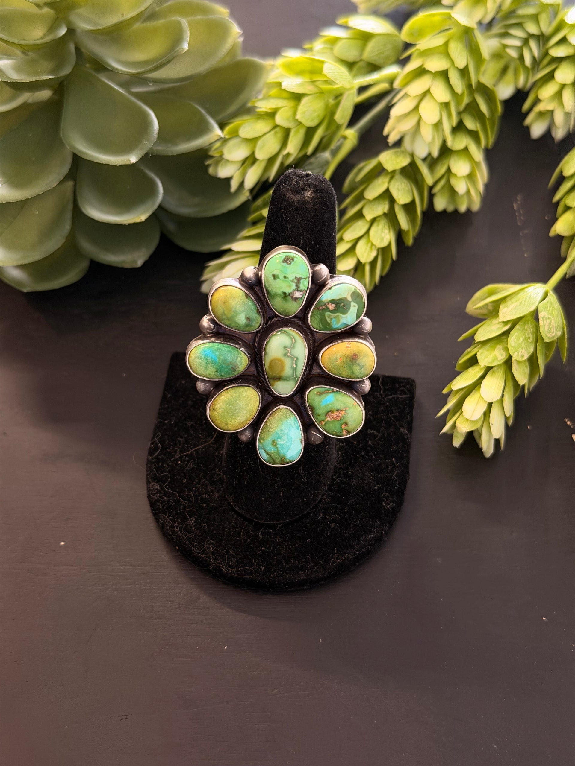 Timothy Yazzie Sonoran Mountain Turquoise & Sterling Silver Cluster Ring Size 7.25