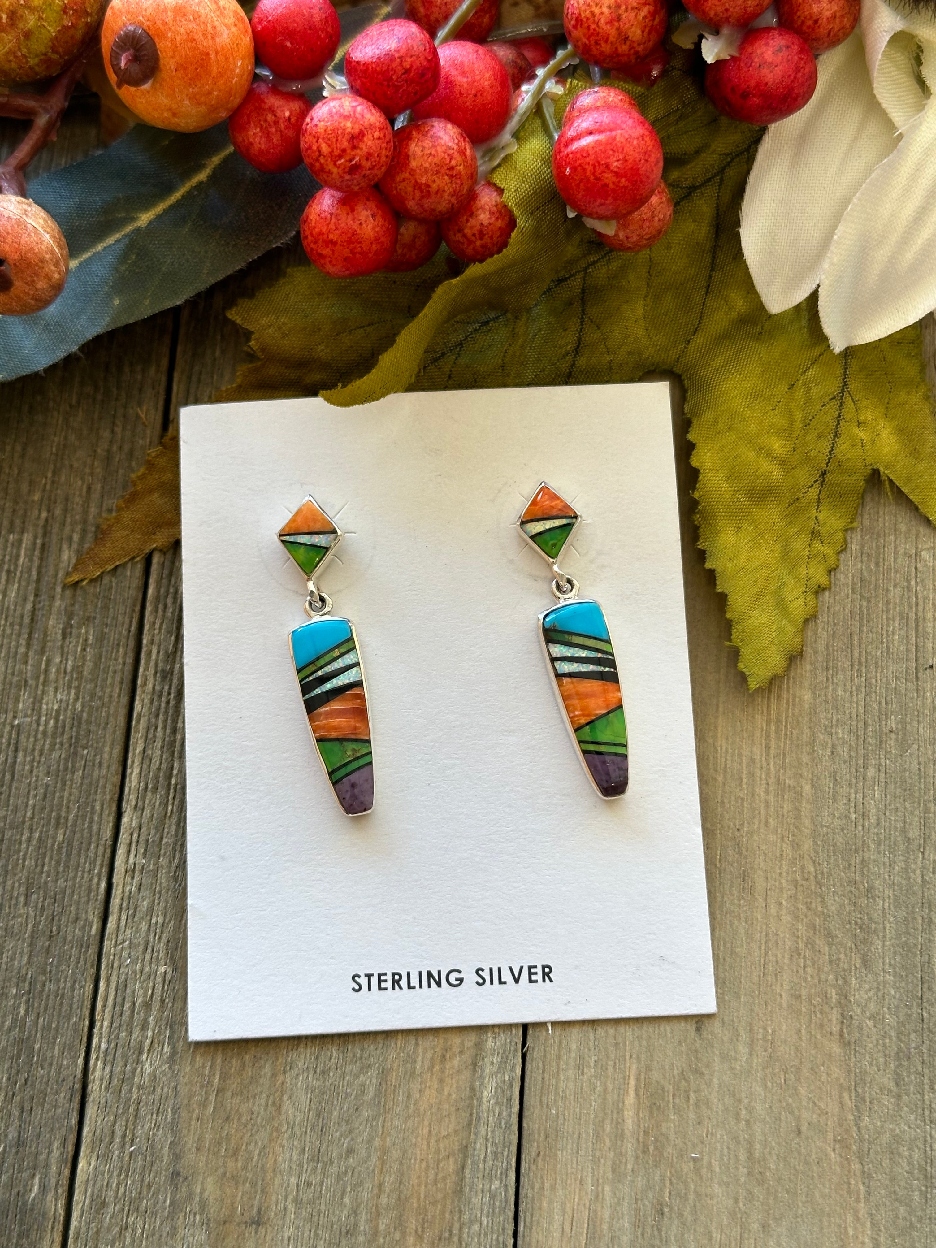 Julius Burbank Multi Stone & Sterling Silver Post Inlay Earrings