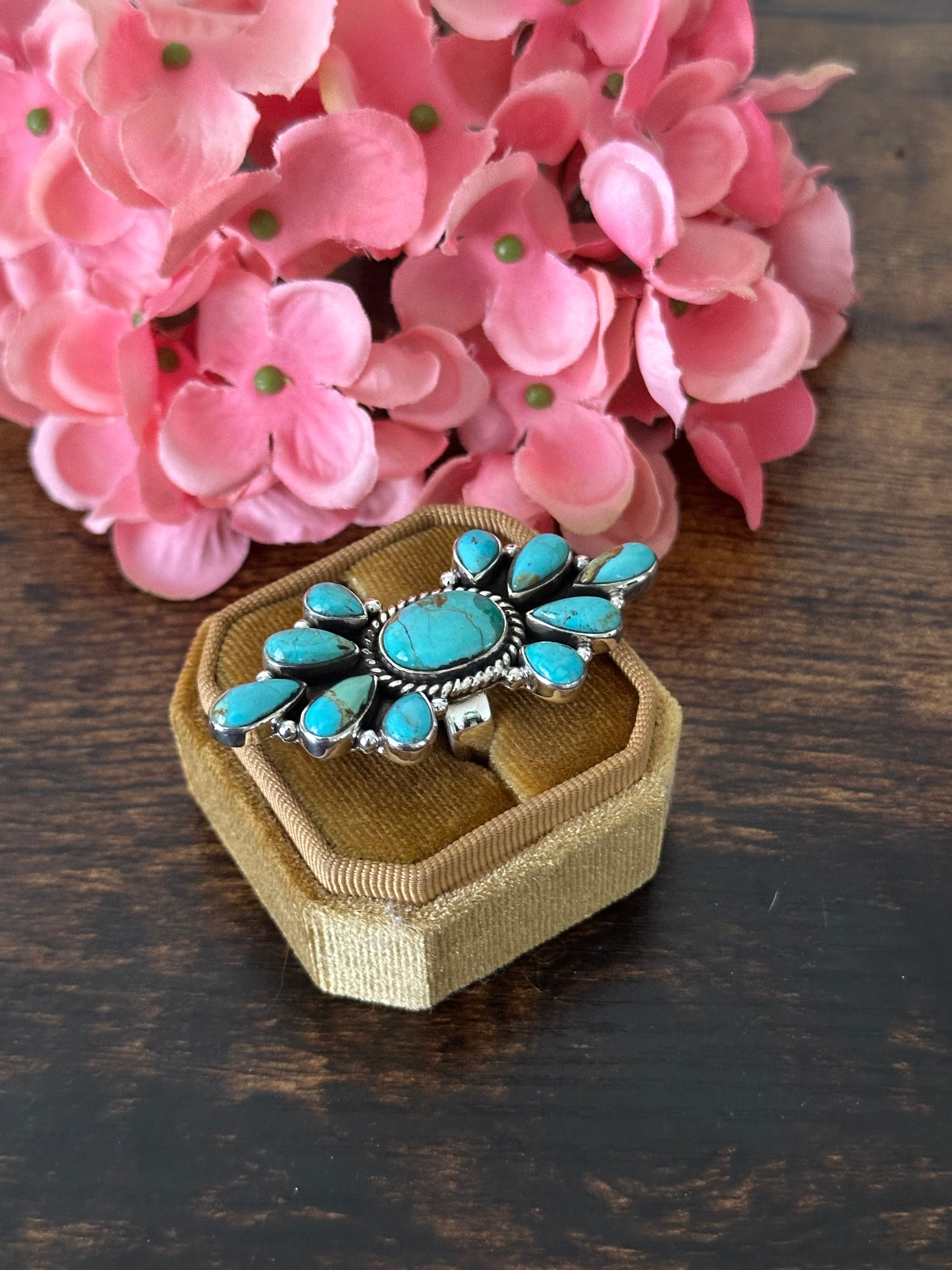 Southwest Handmade Kingman Turquoise & Sterling Silver Cluster Adjustable Ring