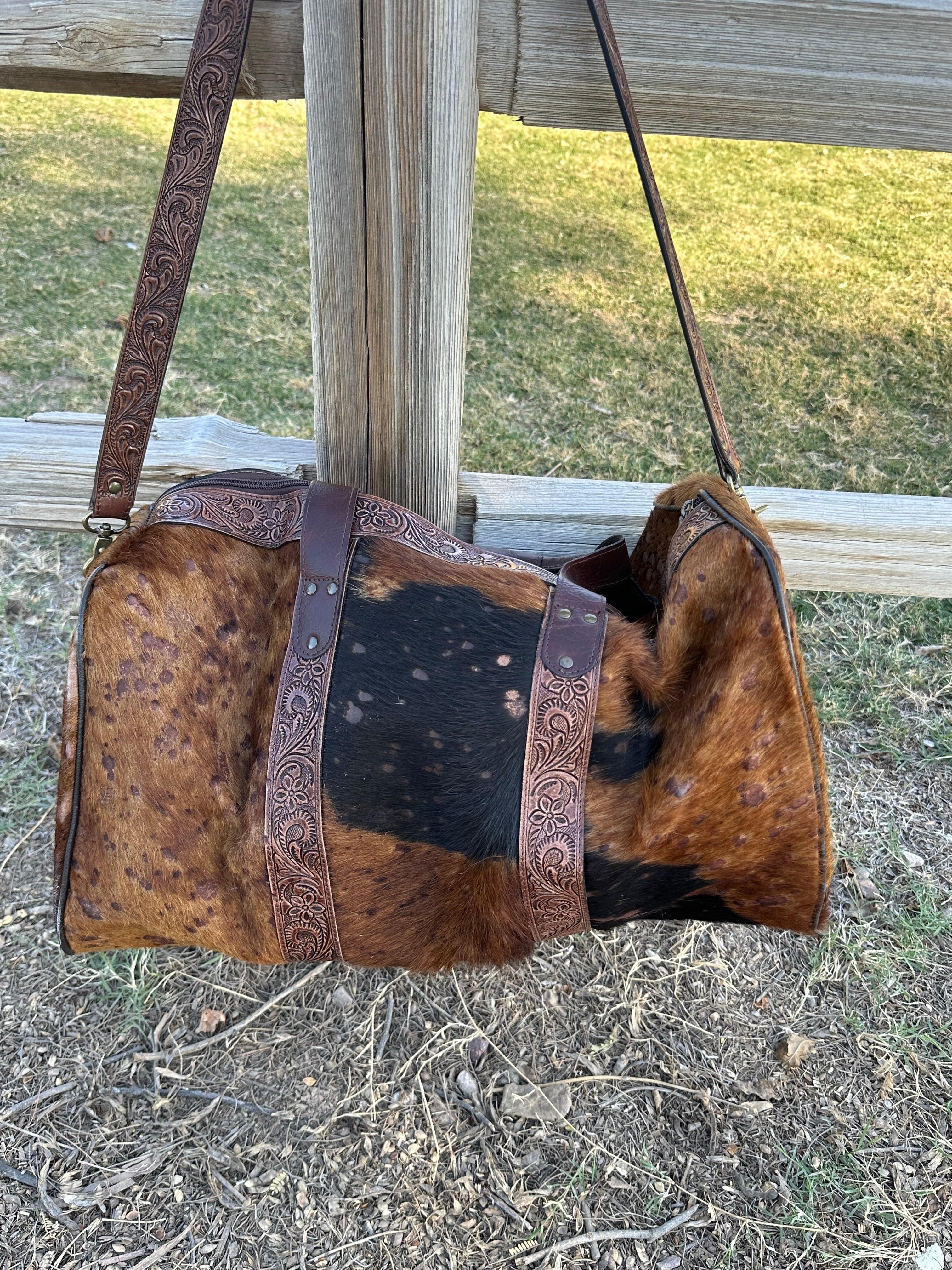 Genuine Tooled Leather Cowhide Duffle Bag