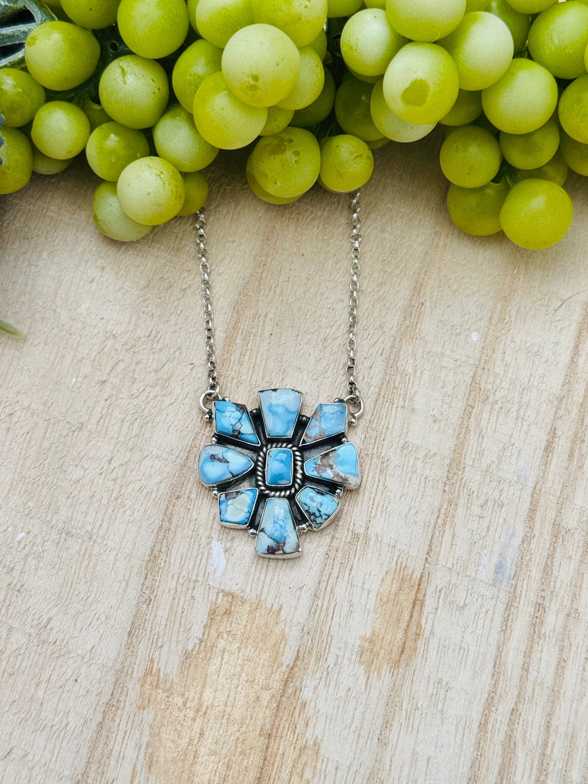 Southwest Handmade Golden Hills Turquoise & Sterling Silver Cluster Necklace