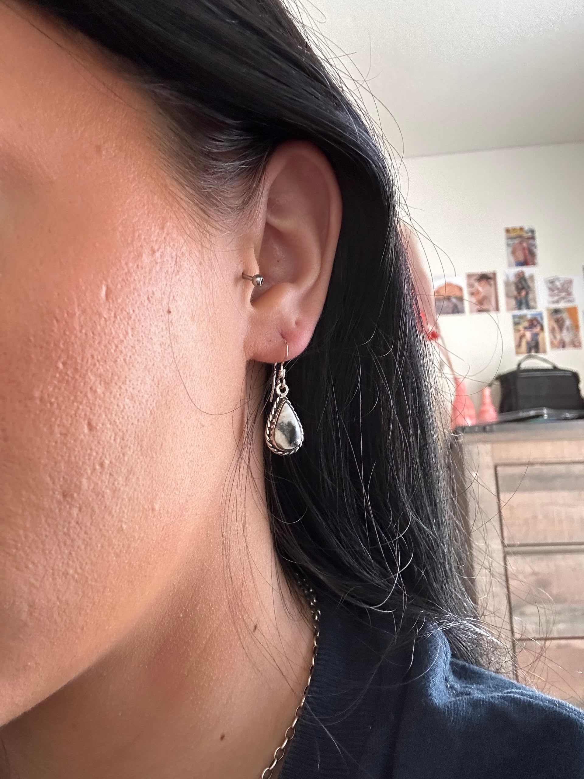 Navajo Made White Buffalo & Sterling Silver Dangle Earrings