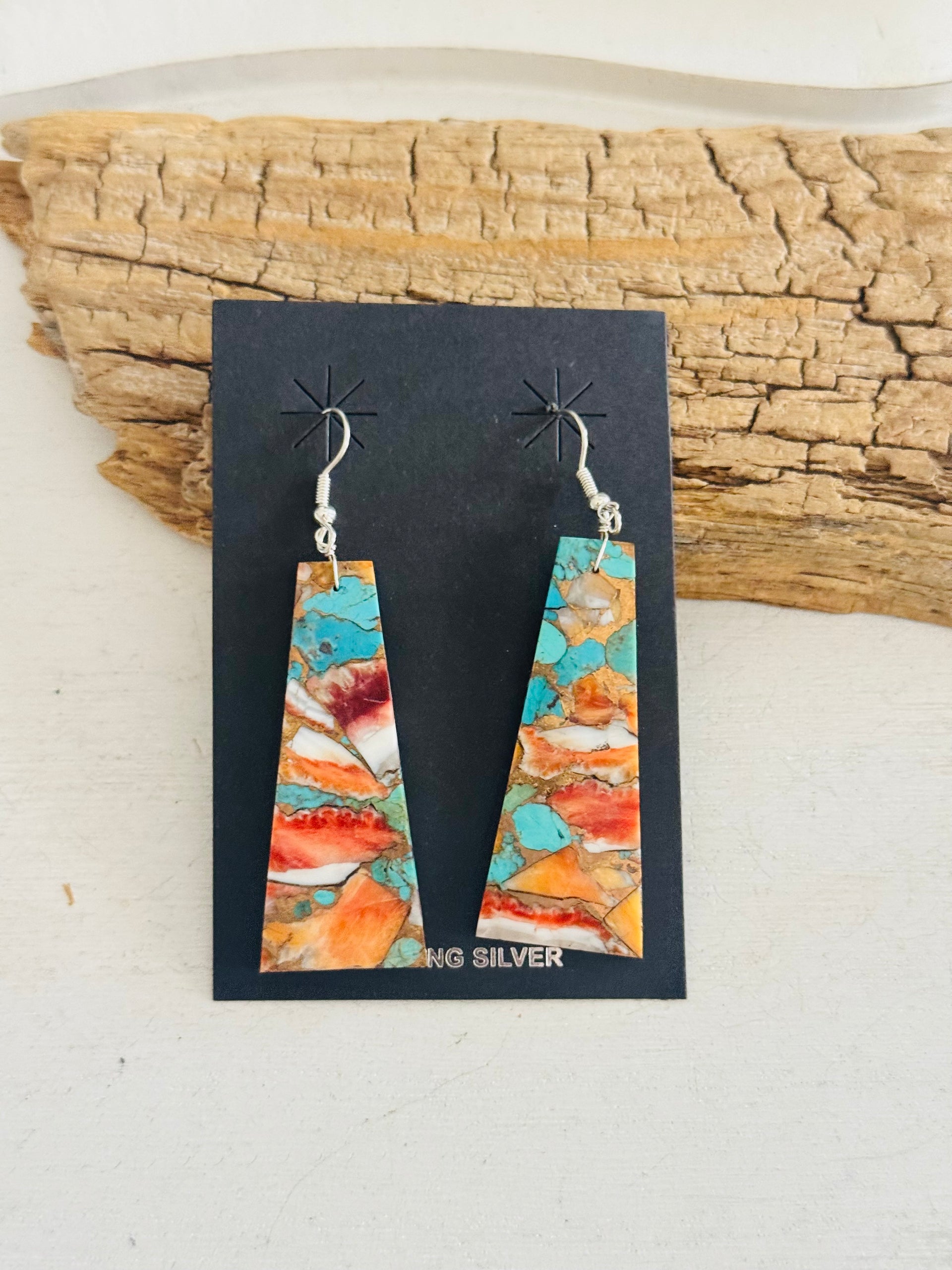 Navajo Made Mohave Turquoise & Sterling Silver Slab Dangle Earrings