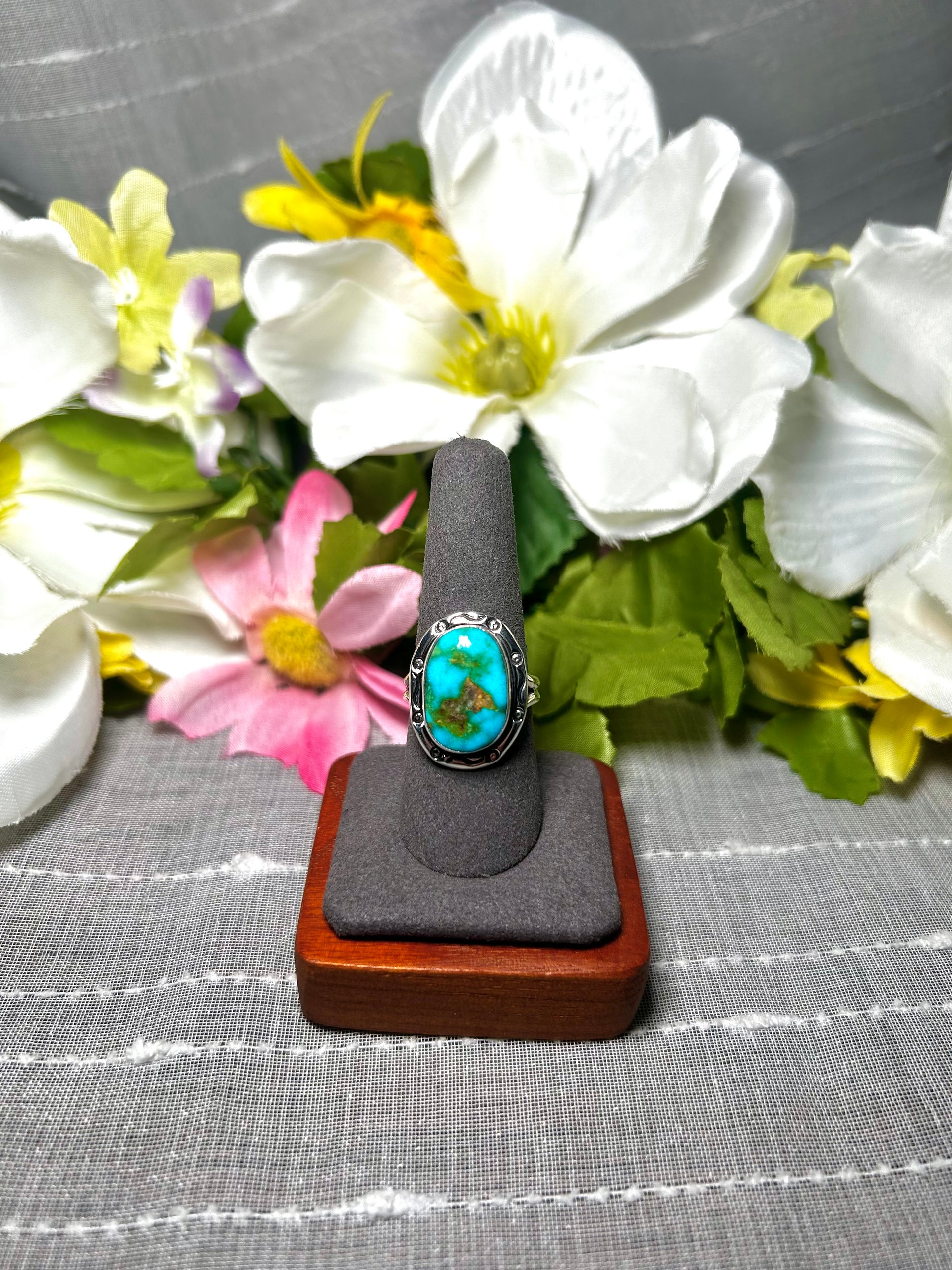 Navajo Made Natural Sonoran Mountain Turquoise & Sterling Silver Ring Size 9.25