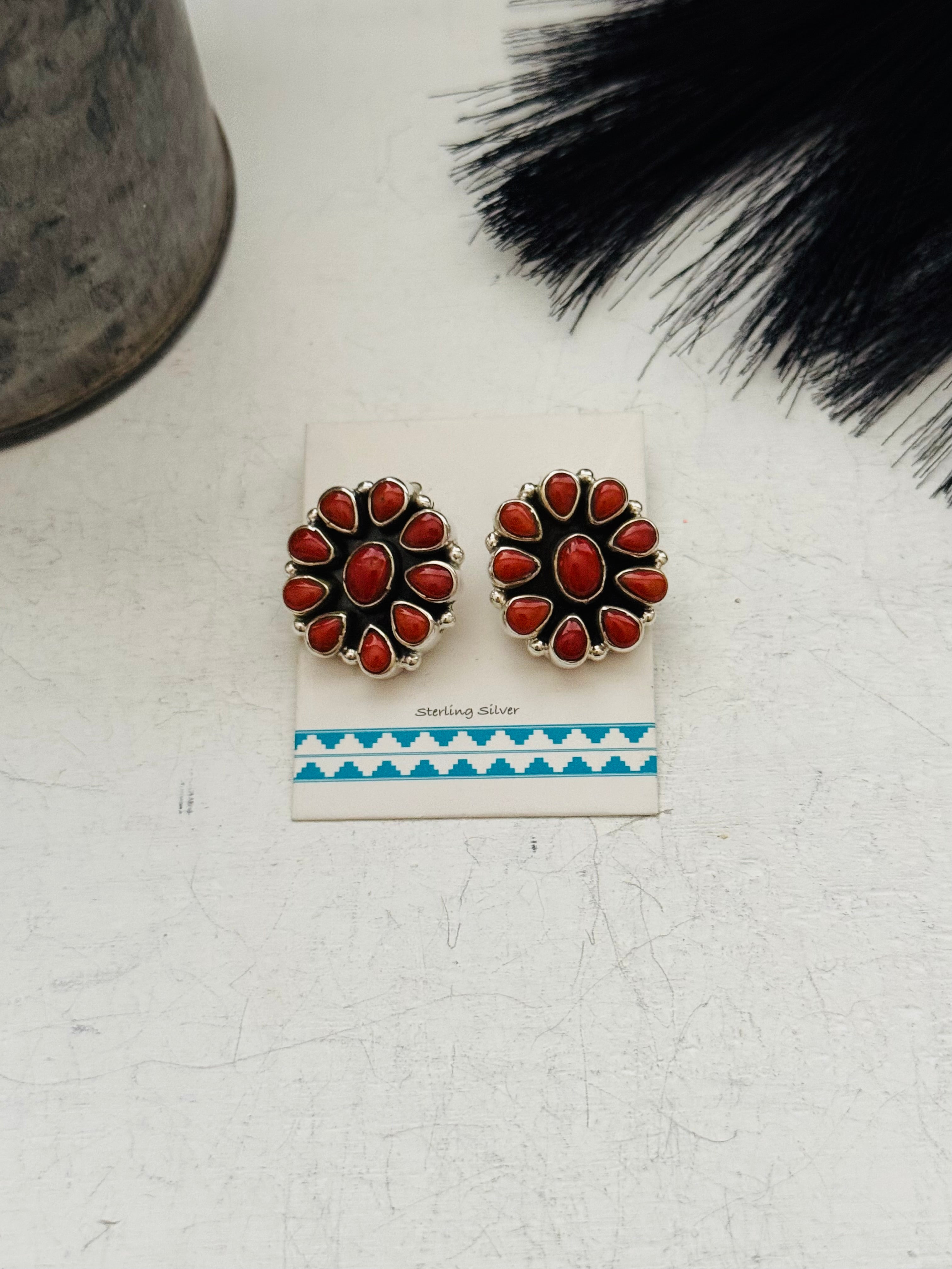 Southwest Handmade Red Coral & Sterling Silver Post Earrings