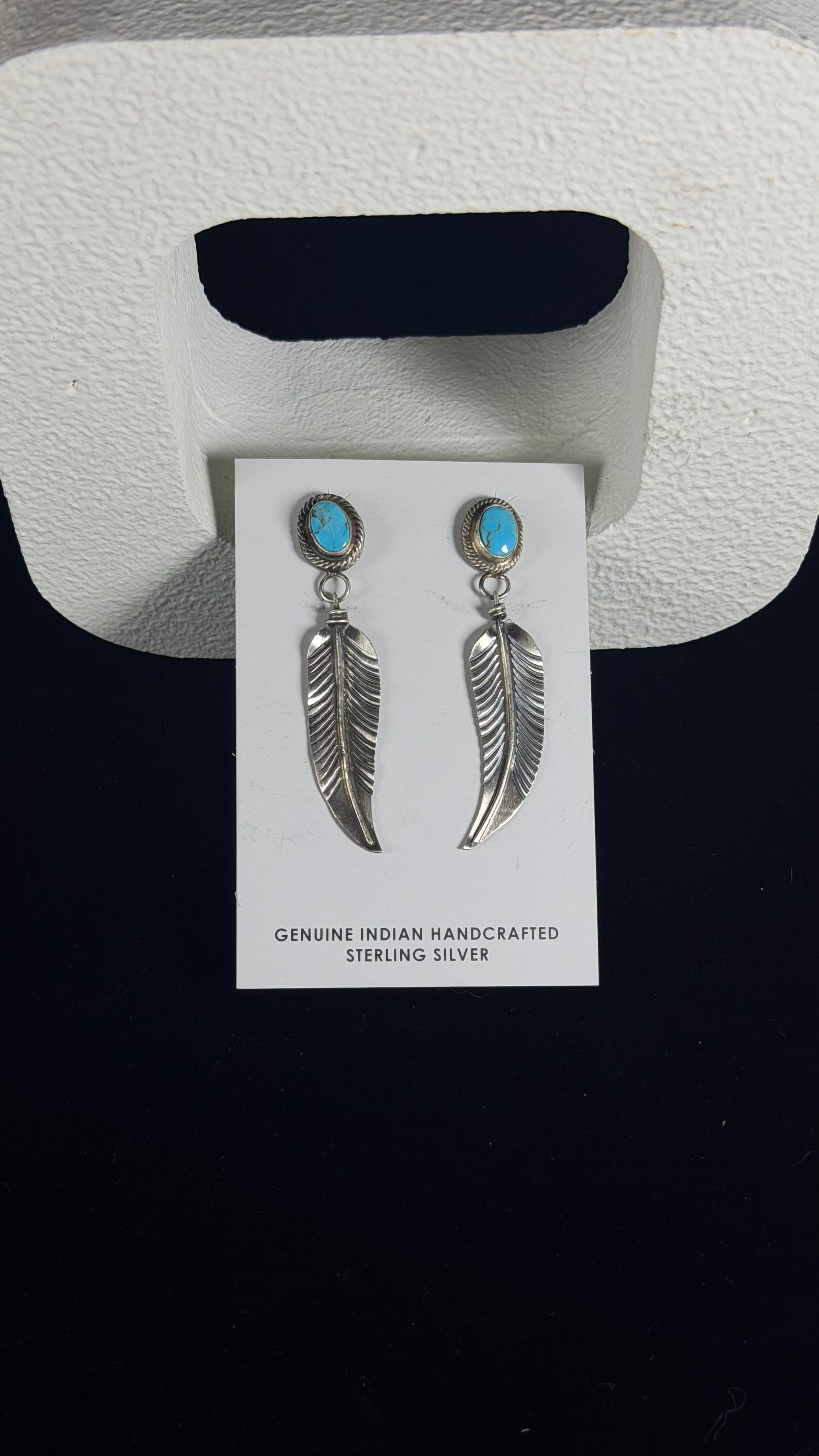 Navajo Made Kingman Turquoise & Sterling Silver Post Dangle Feather Earrings