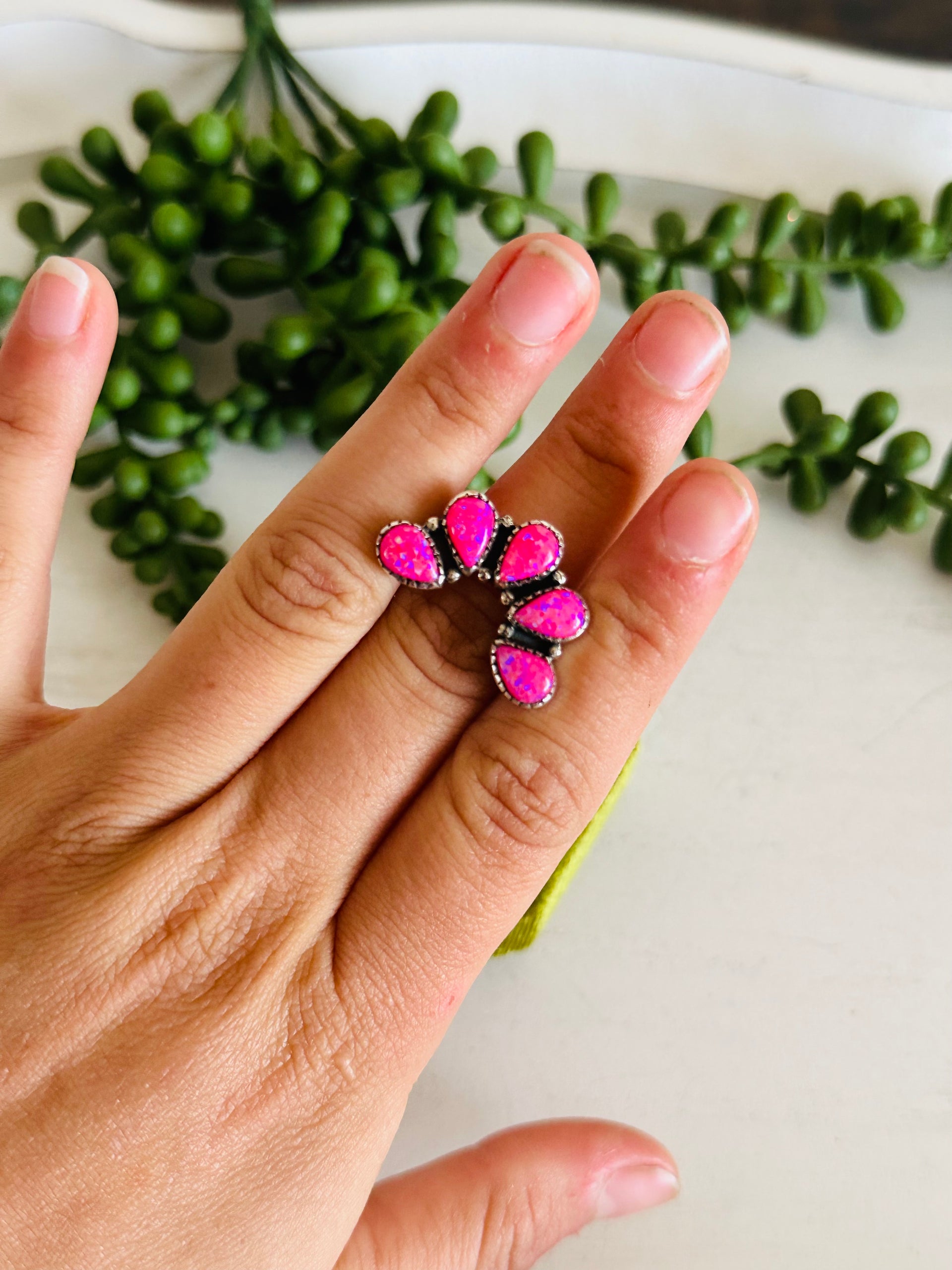 Southwest Handmade Pink Opal & Sterling Silver Adjustable Cluster Ring